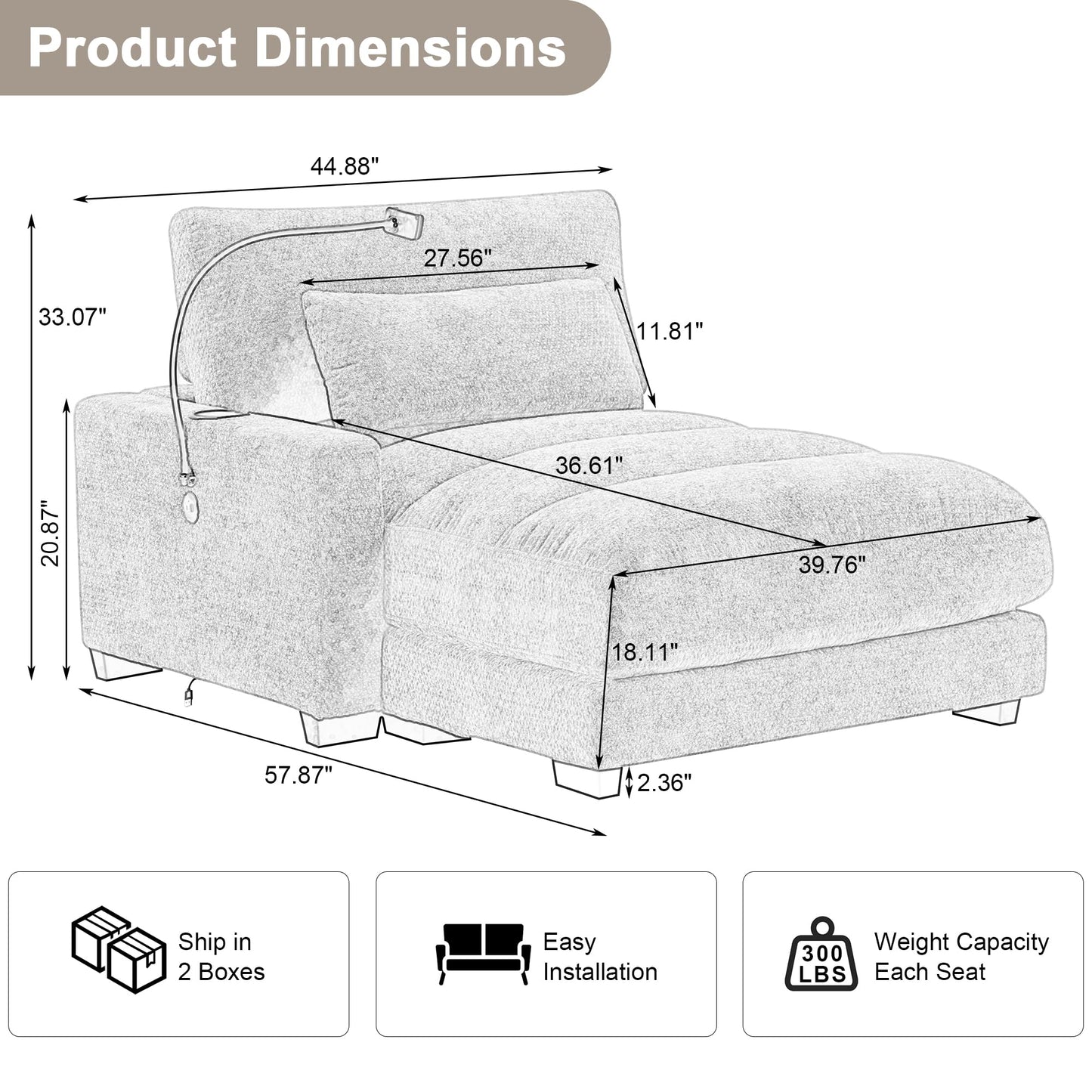 IHDKO Oversized Chaise Lounge Chair Indoor, Comfy Lounge Sleeper Sofa with USB Ports, Cup & Phone Holders, Chenille Cloud Reading Chair Bed for Living Room, Bedroom, Office (Grey)