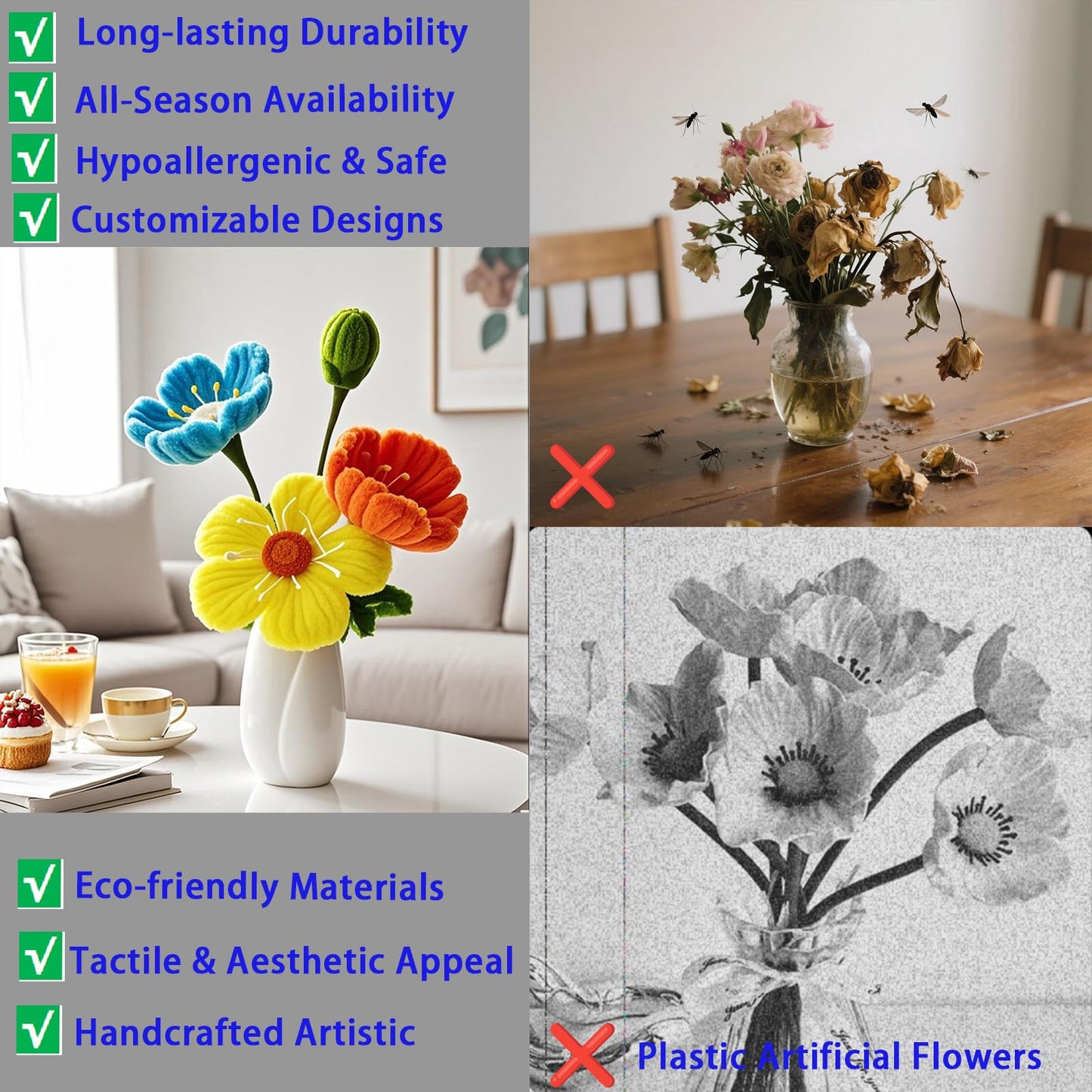 Handmade Artificial Flowers Kit with Ceramic Vase - Poppy Pipe Cleaner Bouquet for Wedding Centerpiece, Preserved Flowers Home Decor (Lasts 3-5 Years | Reshape Upon Arrival).