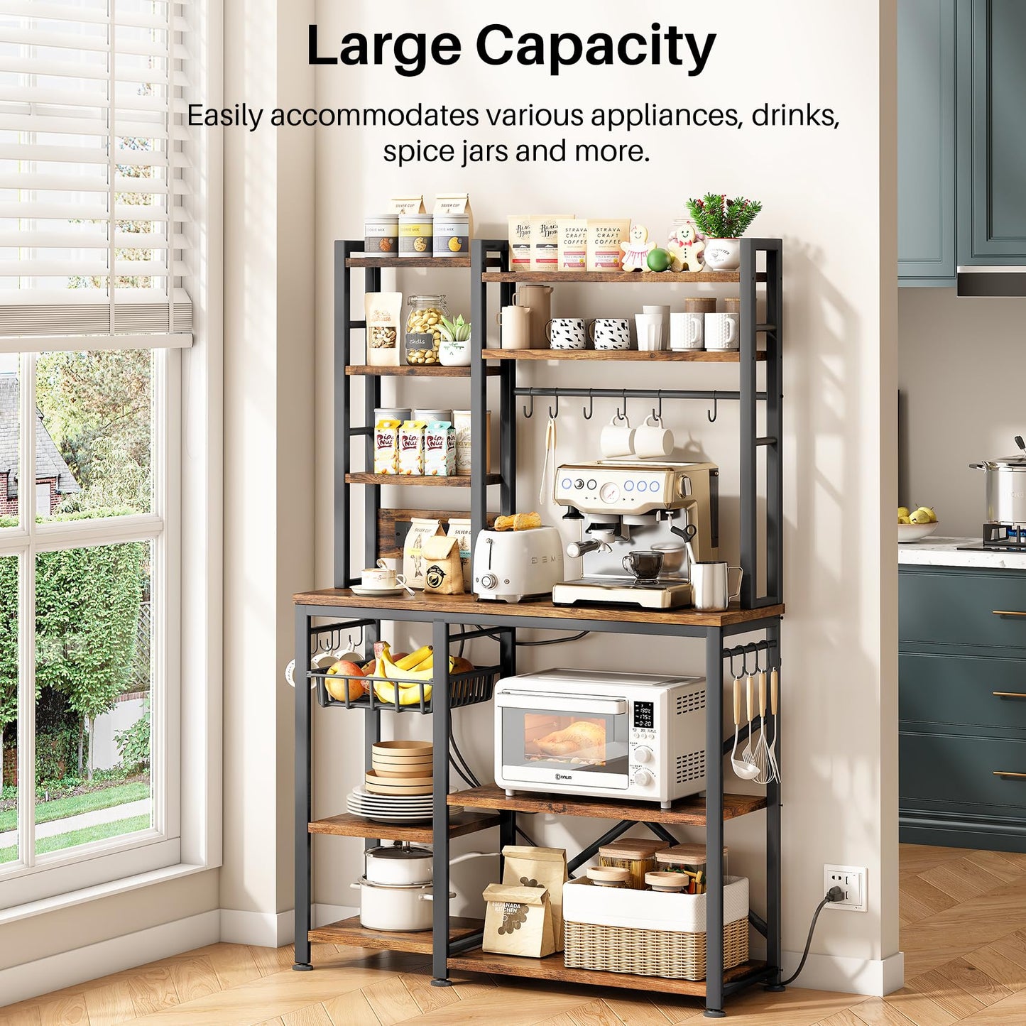 Baker Rack with Power Outlet - Microwave Stand with Storage, Large Coffee Bar Station with 14 Hooks, Metal Kitchen Shelf Rack for Spices, Pots (Rustic Brown)