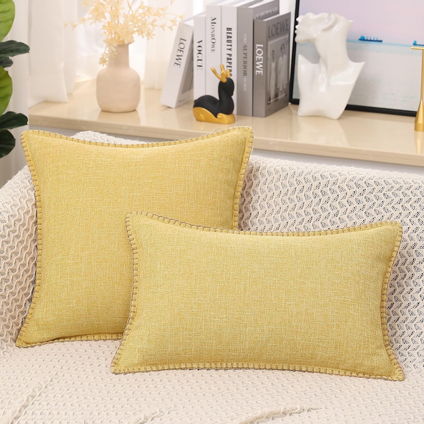 decorUhome Decorative Outdoor Throw Pillow Covers 12x20 Set of 2, Lumbar Linen Rustic Neutral Farmhouse Pillow Covers with Stitched Edge for Couch, Sofa, Living Room, Mustard Yellow