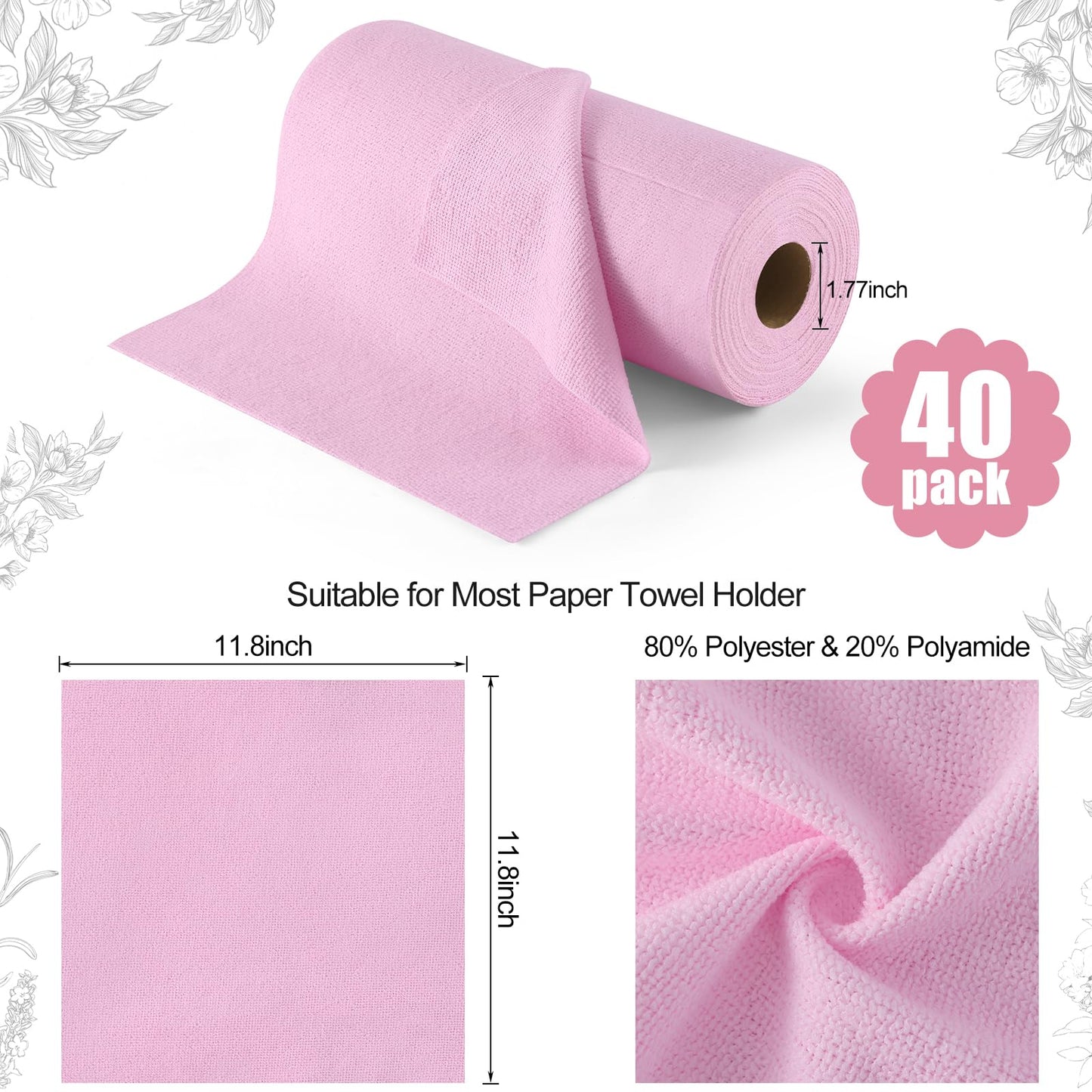 Homaxy Tear Away Dish Cloths Rolls, 40 Sheets-11.8" X 11.8", Reusable Washable Dish Towels for Kitchen, Ultra Absorbent and Quick Drying Microfiber Cleaning Rags, Pink