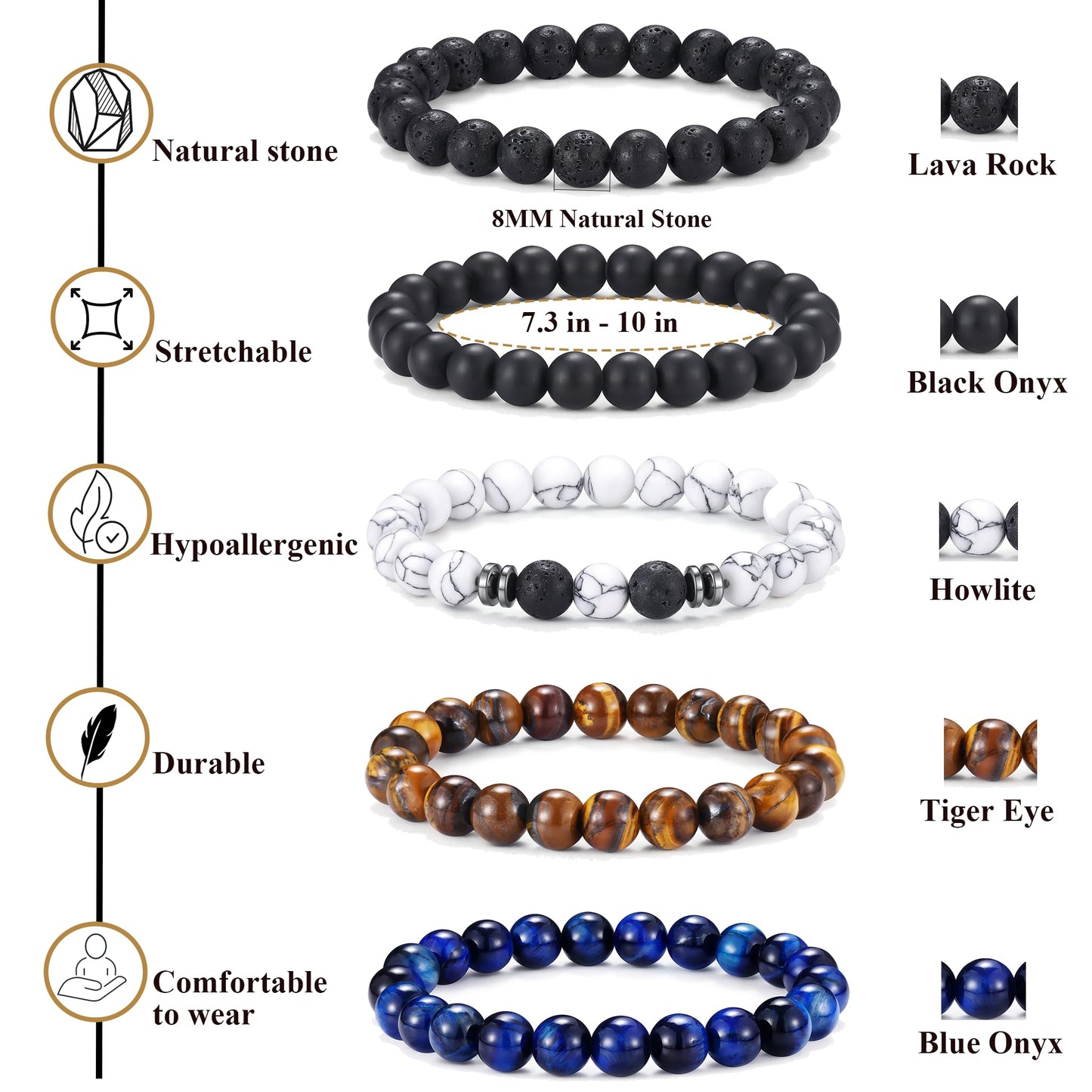 Jewdreamer 10PCS Tiger Eye Bracelet For Men 8MM Natural Stone Beads Bracelet Set Stretch Lava Rock Bracelets Adjustable Black Crystal Beaded Bracelet for Men Women Gifts