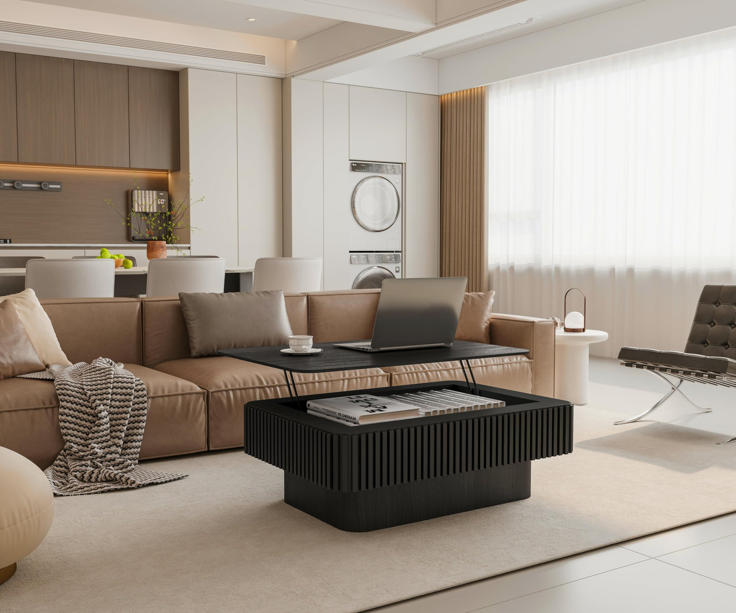 Black Coffee Table with Lifting Top Storage for Living Room,Fluted Lift Up Coffee Tables with Storage Solid Wood Center Table 38.6'' Modern Smart Rectangular Lift Up Tabletop for Apartment Office