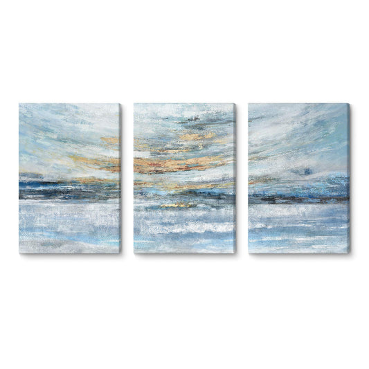 Abstract Canvas Wall Art for Bedroom 3 Piece Ocean Painting Coastal Theme Artwork Blue and Yellow Sunset & Sunrise on the Beach Seascape Picture for Bathroom Living Room Light 12x16inchx3 panel