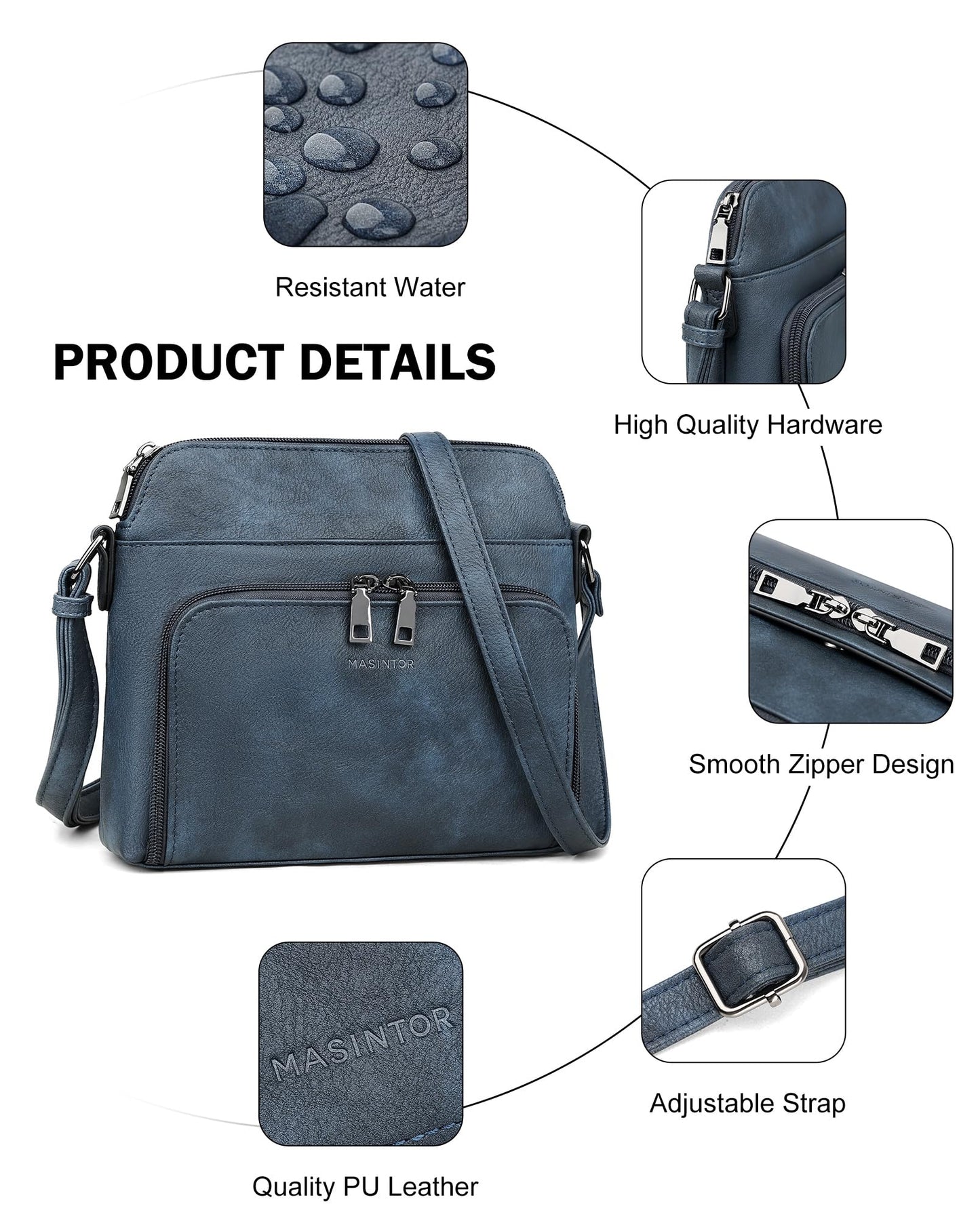 MASINTOR Crossbody Purse Bags for Women, Multi-Pocket Soft Leather Shoulder Purse, Lightweight Travel Handbag with Adjustable Strap Gray-Blue