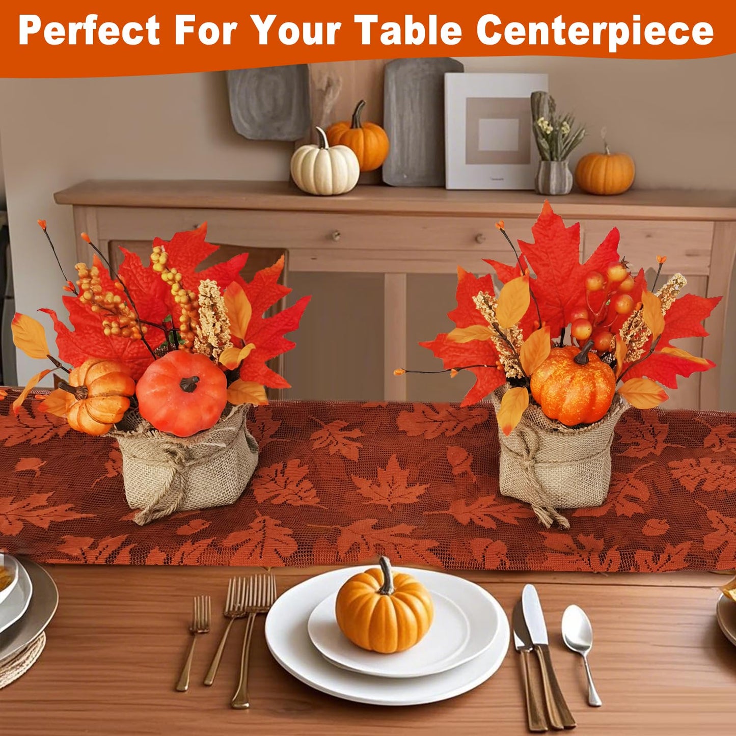 [ 2 Styles ] 2 Pack Fall Decor 10 Inch Tabletop Fall Tree, Maple Tree with Pumpkins Maple Leafed Berried Wheat Burlap Base Thanksgiving Fall Decorations for Home Table Centerpieces Halloween Decor
