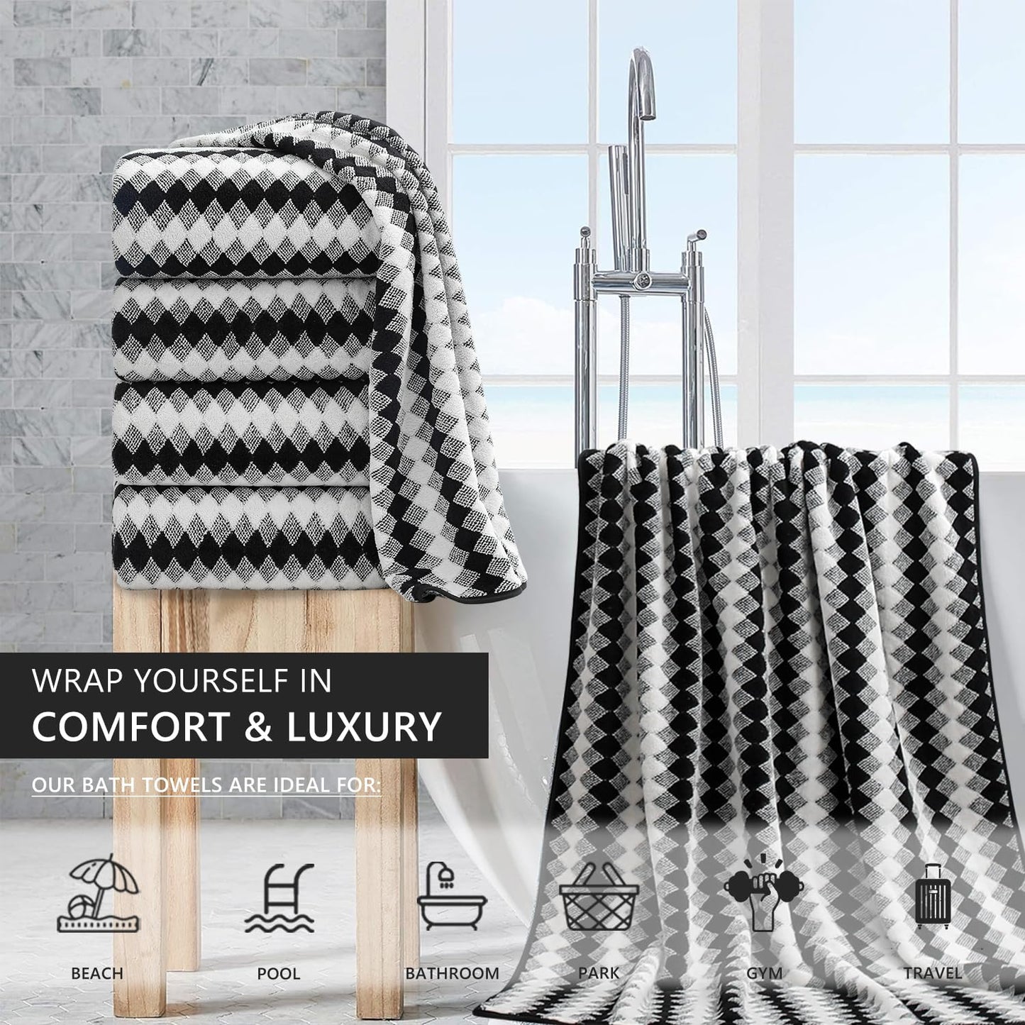 4 Piece Bath Towel Black Oversized Bath Sheet 35"x70" Bathroom Towel Extra Large Bath Towel Set Soft Highly Absorbent & Quick Dry Premium Towel Set for Bathroom 600GSM Shower Towel Spa Gym Hotel