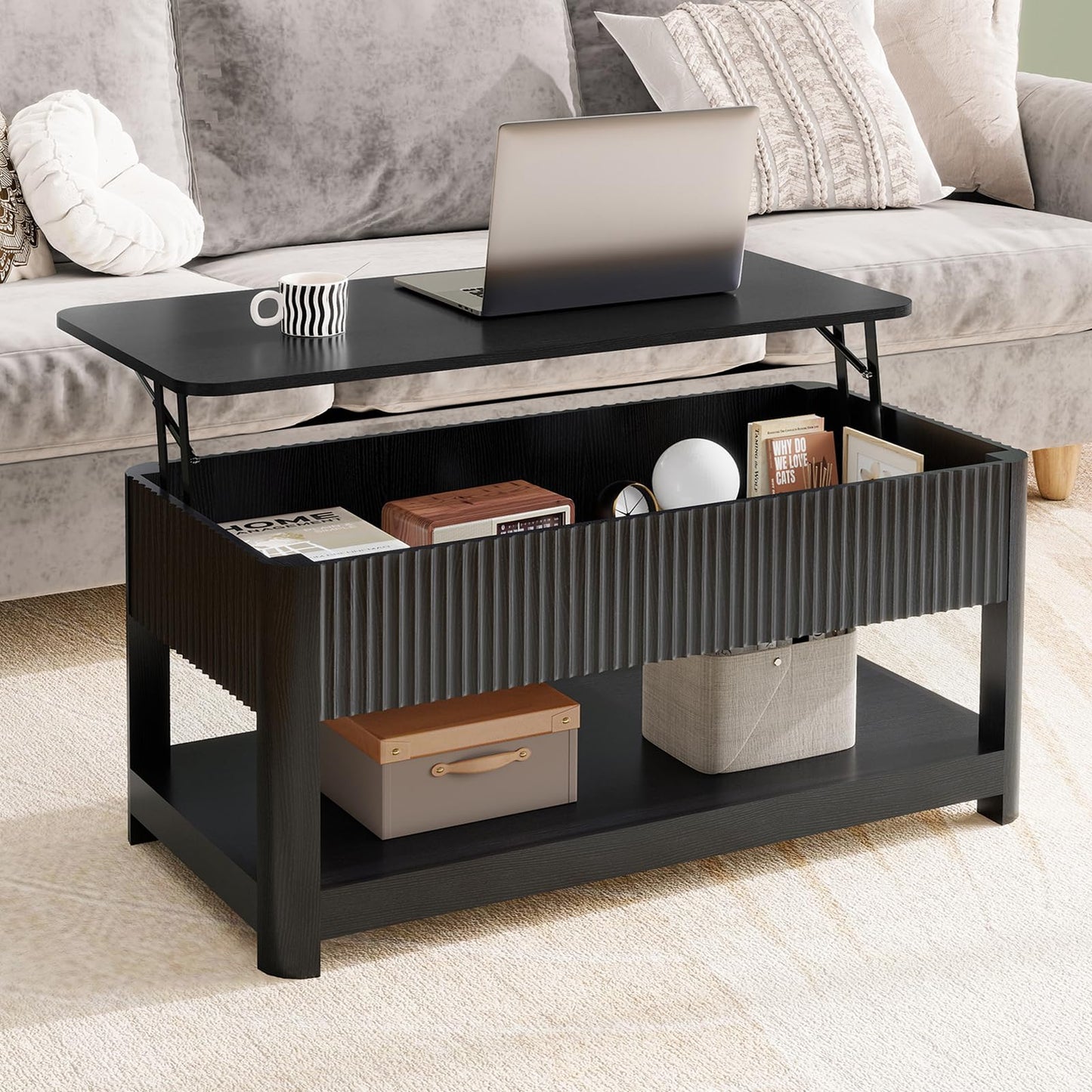 Nasonet Lift Top Coffee Table with Storage, Mid Century Modern Coffee Table with Hidden Compartment, Fluted Wood Center Table for Small Space, Living Room, Home Office(Black)