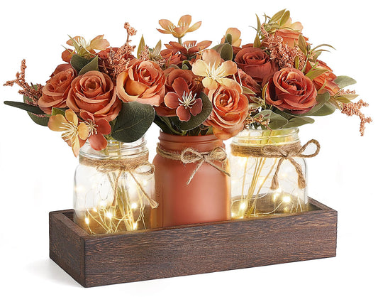 Mkono Mason Jar Lights Centerpiece Table Decorations for Dining Room Farmhouse Coffee Table Decor Tray with 3 Jars Flowers Centerpieces Summer Decor for Kitchen Living Dining Room, Orange