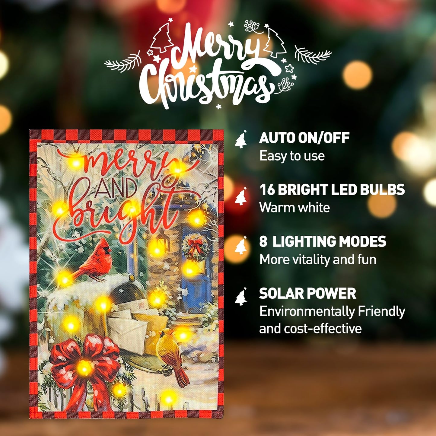 Vigor Home Merry and Bright Solar Led Lighted Garden Flag, Outdoor Lighted Decoration Xmas Greeting Mailbox Cardinal Cozy Home Yard Banner for Winter Holiday Outside Decor 12 x 18 Inch