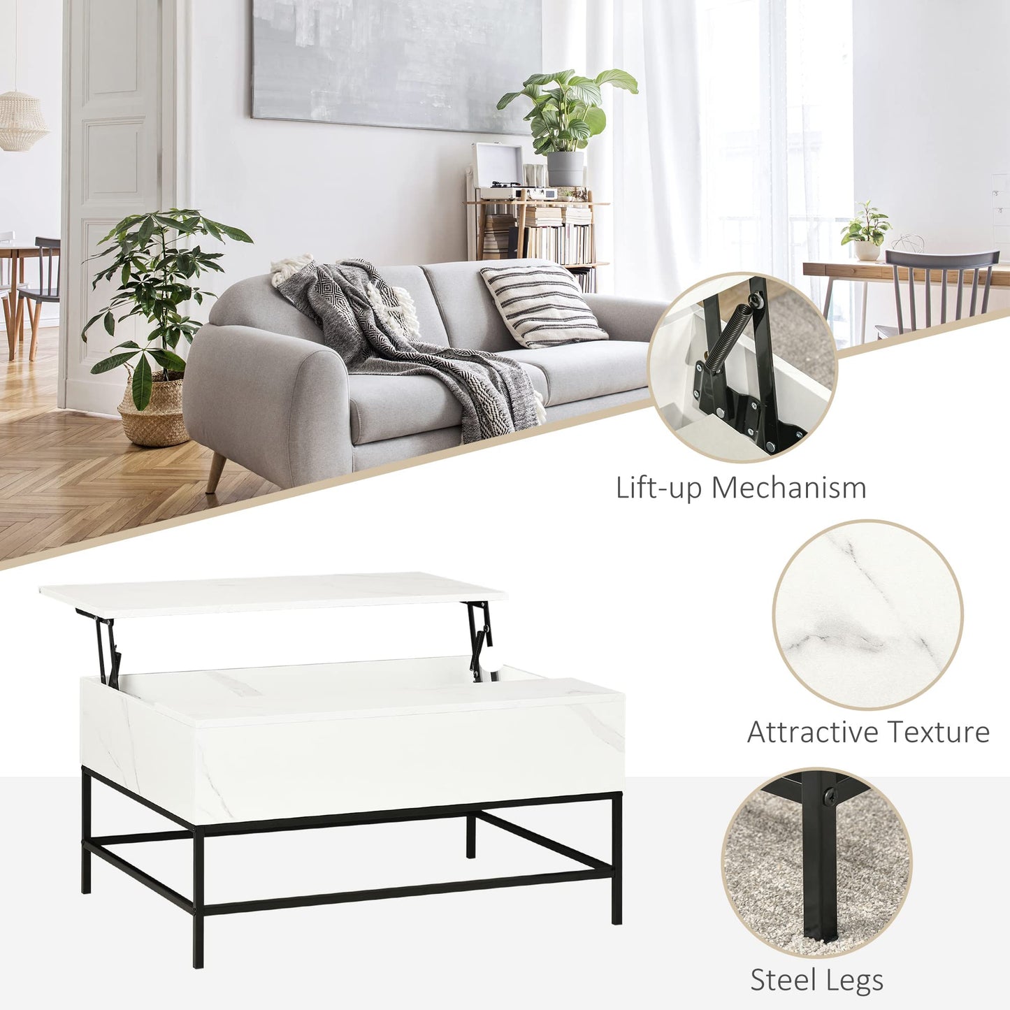 HOMCOM Modern Lift Top Coffee Table with Hidden Storage Compartment and Metal Legs, for Living Room, Home Office, White
