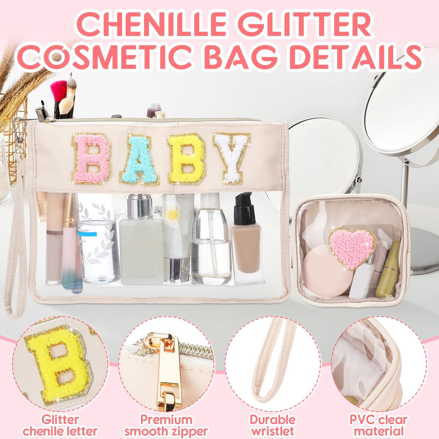 Hillban 2 Pcs Baby Bag Set Chenille Letter Bags Preppy Patch Makeup Pouch Baby Travel Pouch Waterproof Portable Toiletry Storage for Women Mom