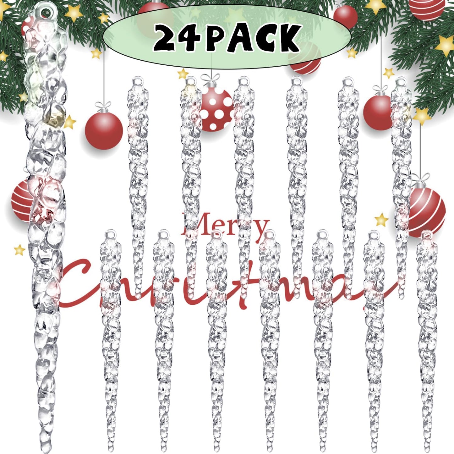 Jishi 24pk Christmas Icicle Ornaments for Christmas Tree Decorations, Hanging Acrylic Crystal Christmas Ornaments 5.1" Clear Plastic Icicles for Christmas Tree, Winter Wonderland Decorations Supplies
