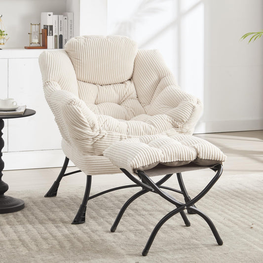 HOMEFUN Lazy Chair with Ottoman Bedroom Chairs for Adults Modern Lounge Accent Chair with Armrests, Ergonomic Footrest for Small Spaces, Comfy Reading Chair for Living Room, Bedroom, Office White