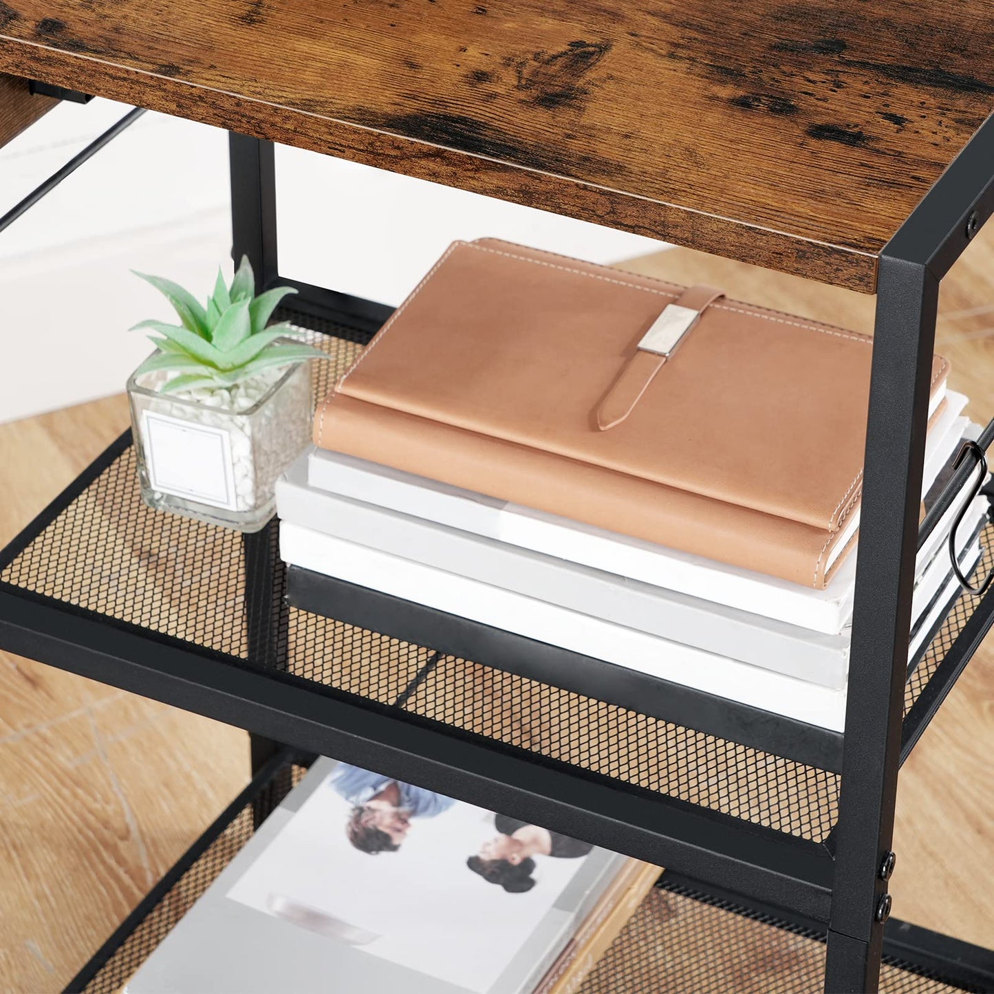 HOOBRO Industrial Printer Stand, 3-Tier Mobile Printer Table, Rolling Cart with Power Outlets and USB Ports, Home Printer Stand with 2 Hooks, for Office, Living Room, Rustic Brown BF22UPS01