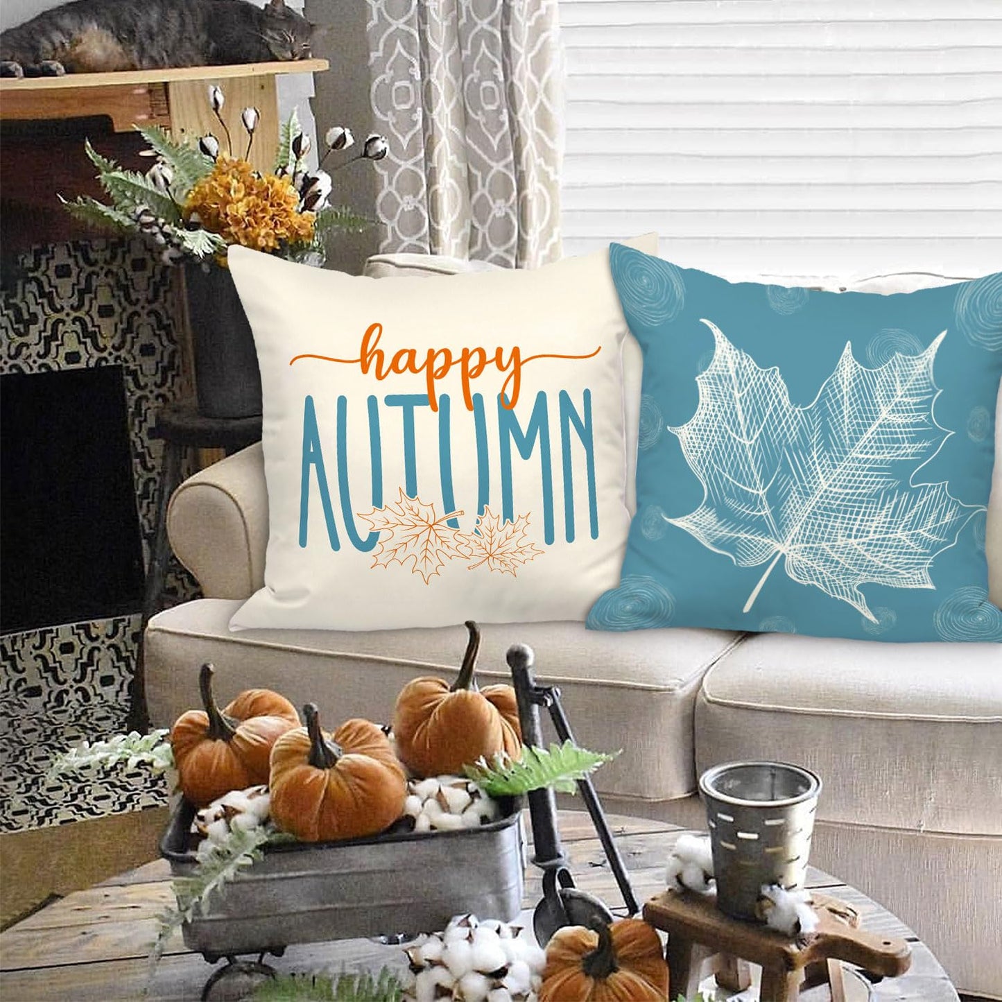 Ywlake Teal 18x18 Throw Fall Pillow Covers Set of 4, Maple Leaf Pumpkin Decorative Holiday 18 x 18 Autumn Cushion Covers Thanksgiving Pillow Case for Indoor Home Bedroom Couch Sofa Decor