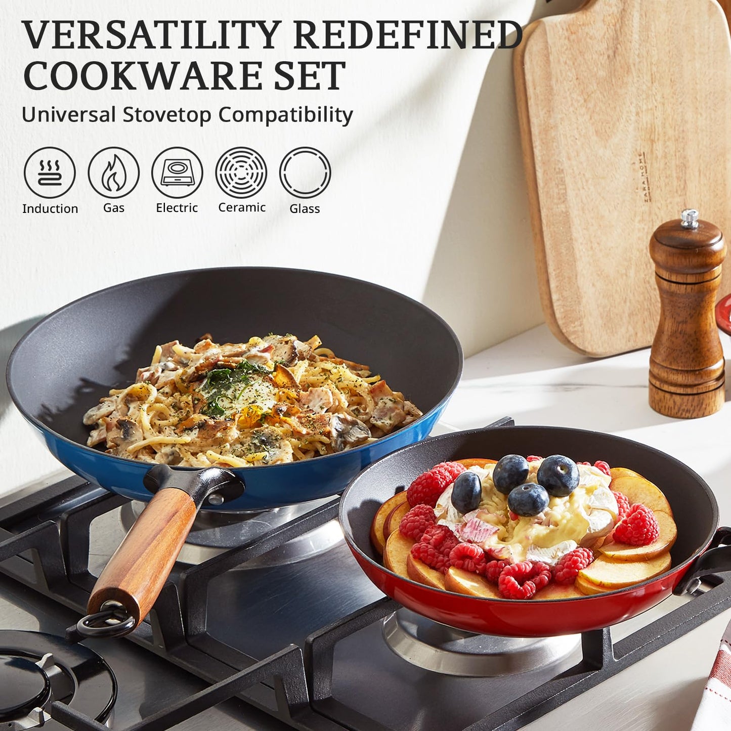 KITESSENSU Enameled Cast Iron Skillets - Non Stick Frying Pans Set with Durable Wooden Handle - 8&10&12 In Titanium Cast Iron Pans for Multi-Cooking - Pre Seasoned Cookware Set - Gradual Cobalt Blue