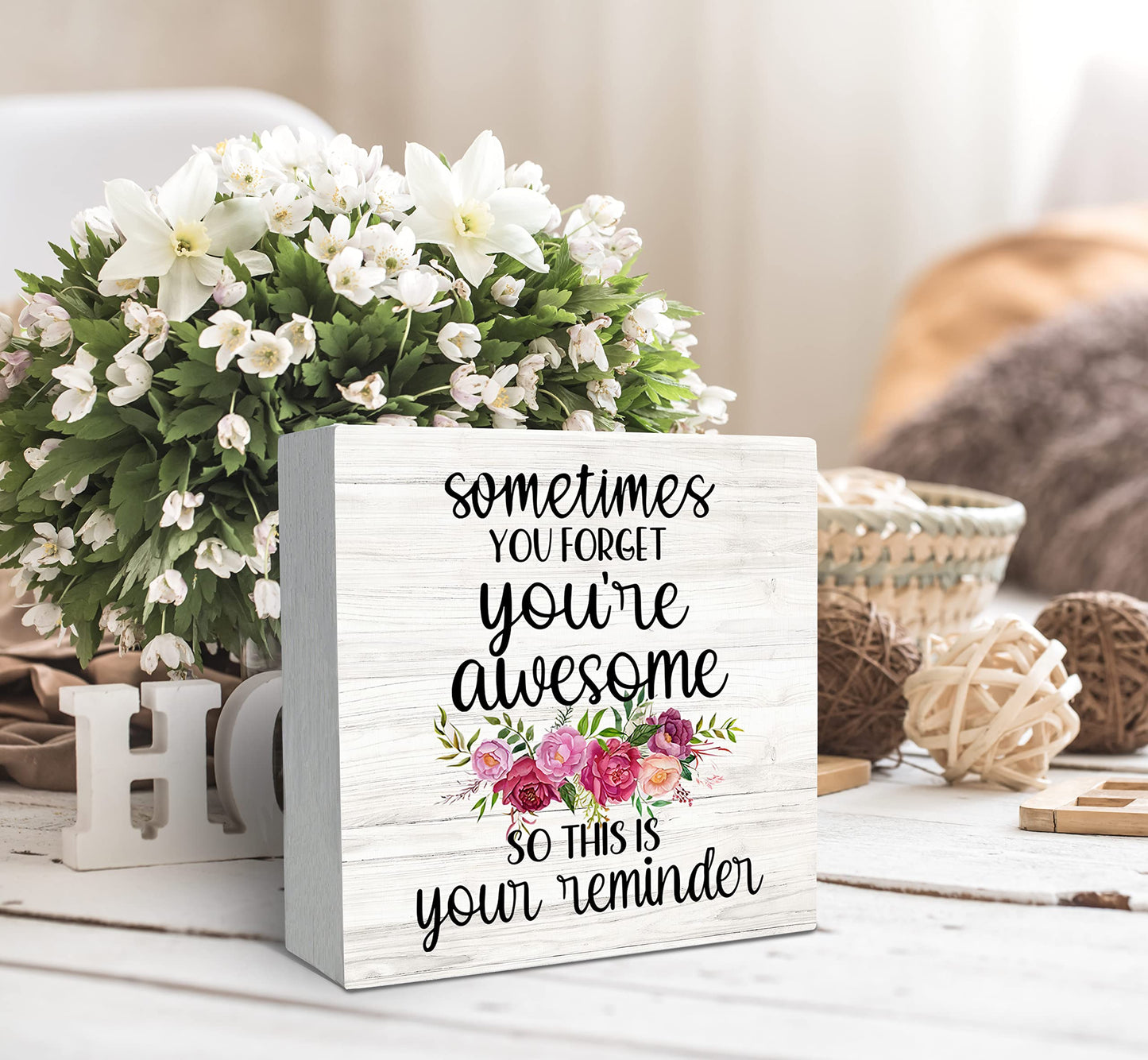 SRADMO Sometimes You Forget You're Awesome So This is Your Reminder Floral Wood Box Sign Desk Decor, Inspirational Wooden Block Box Sign Decoration For Home Office Shelf Table Decor