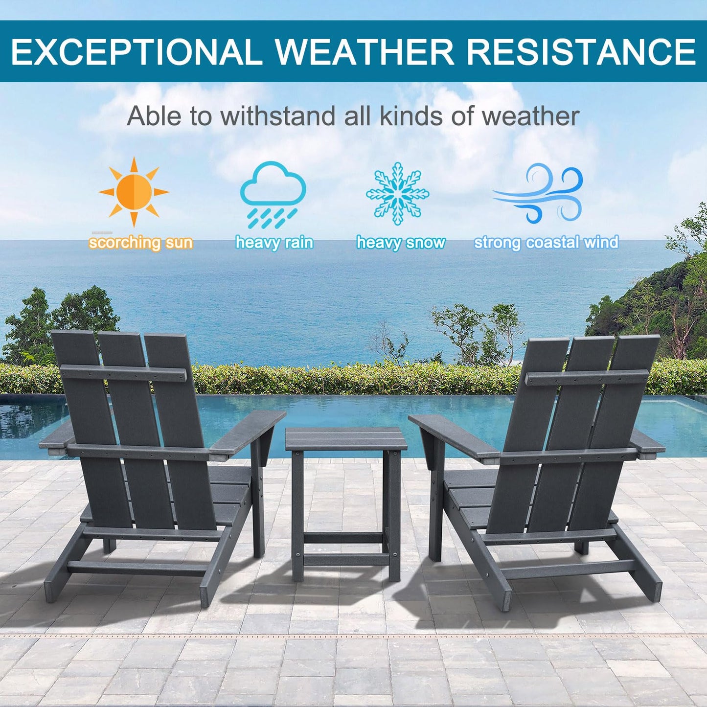 Skypatio Adirondack Chair Set of 2 with Side Table, All-Weather Patio Fire Pit Chairs High-Density Polyethylene Adirondack Chairs for Porch, Balcony, Deck, Lawn, Backyard, Grey