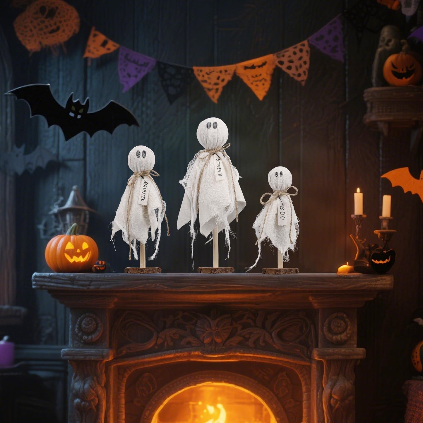 DR.DUDU 3 Pack Halloween Ghost Decor - Primitive Wooden Ghost Kit for Table Centerpiece Indoor Decorations, Spooky Cute Ghosts for Farmhouse Shelf Mantel Kitchen Home & Office Decor