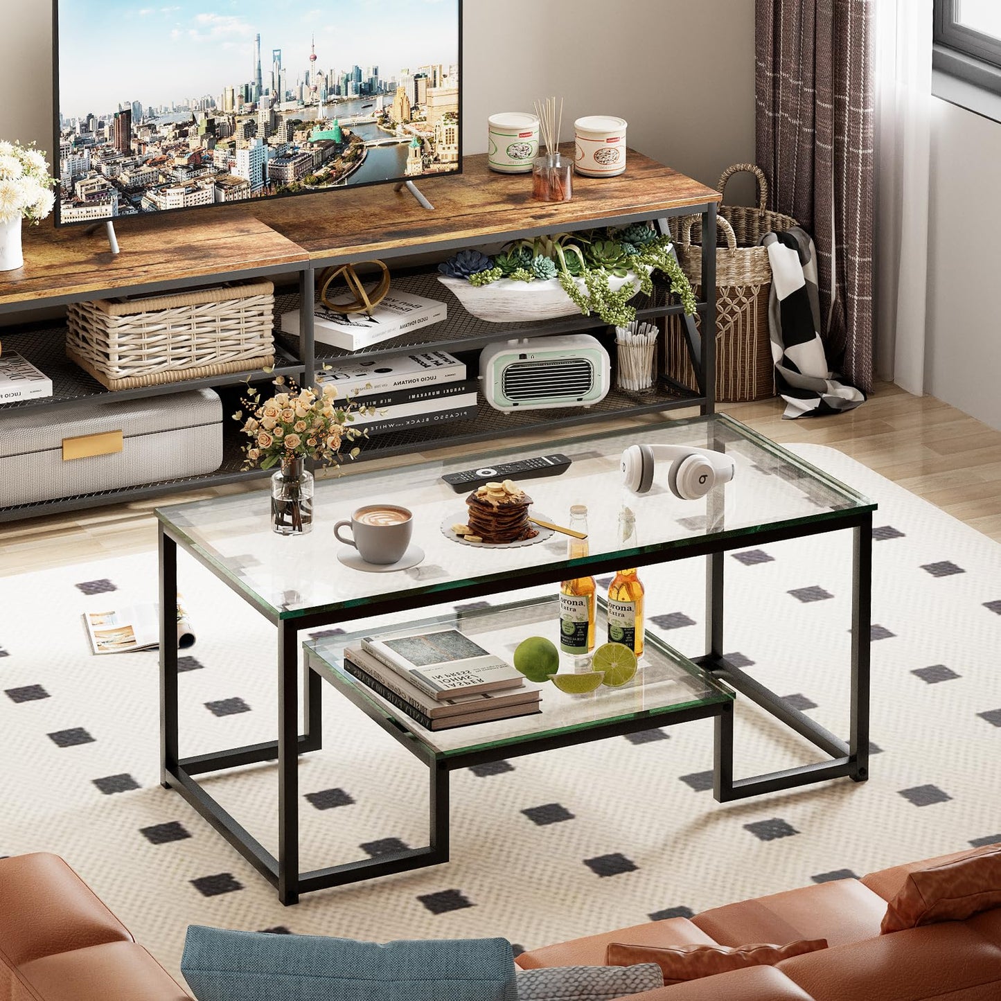 Wolawu Coffee Table Black Glass Coffee Table for Living Room,2 Tiers Rectangle Center Table with Sturdy Metal Frame,Modern Tempered Glass Accent Table for Bedroom Home Office