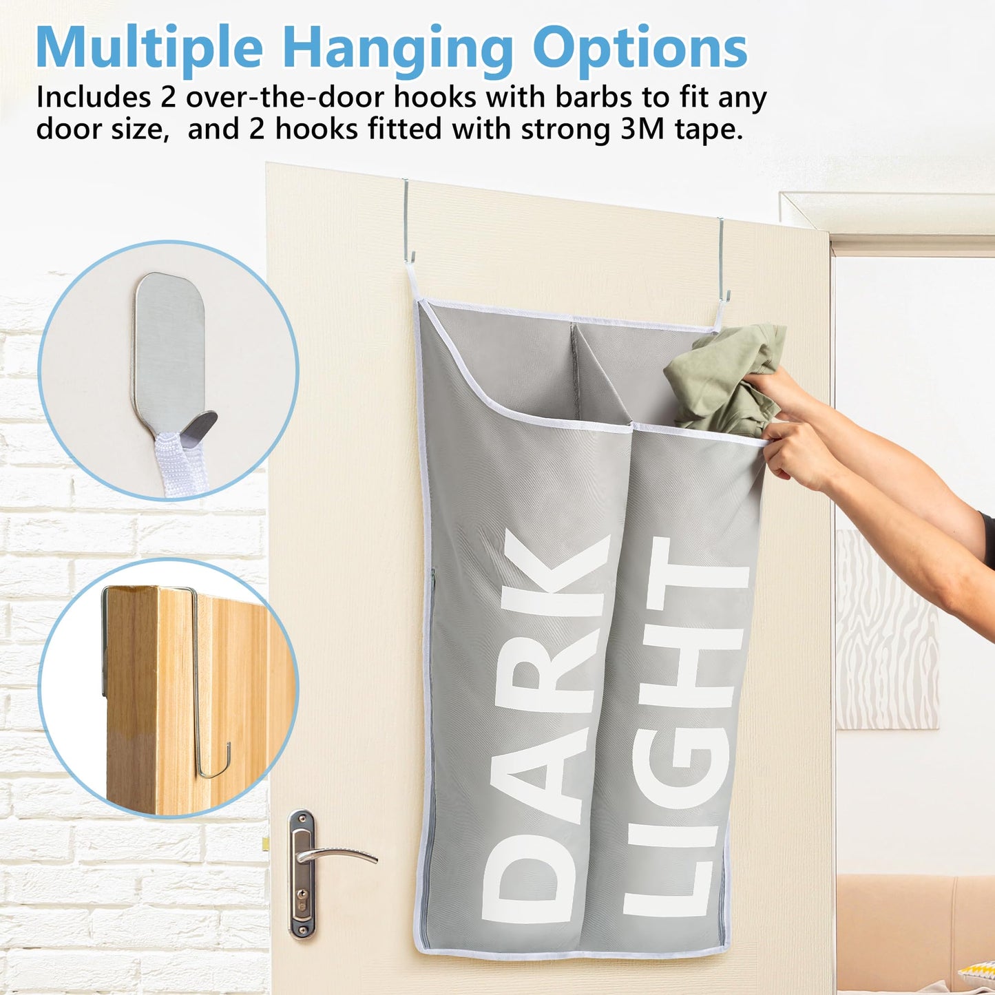 DONAQ Hanging Laundry Hamper Bag XL 40x22", Space Saving over the Door Storage Bags, Behind the Door Hampers for Dirty Clothes & Wall Mounted Basket for Bathroom, Organizer for Small Room Spaces RV