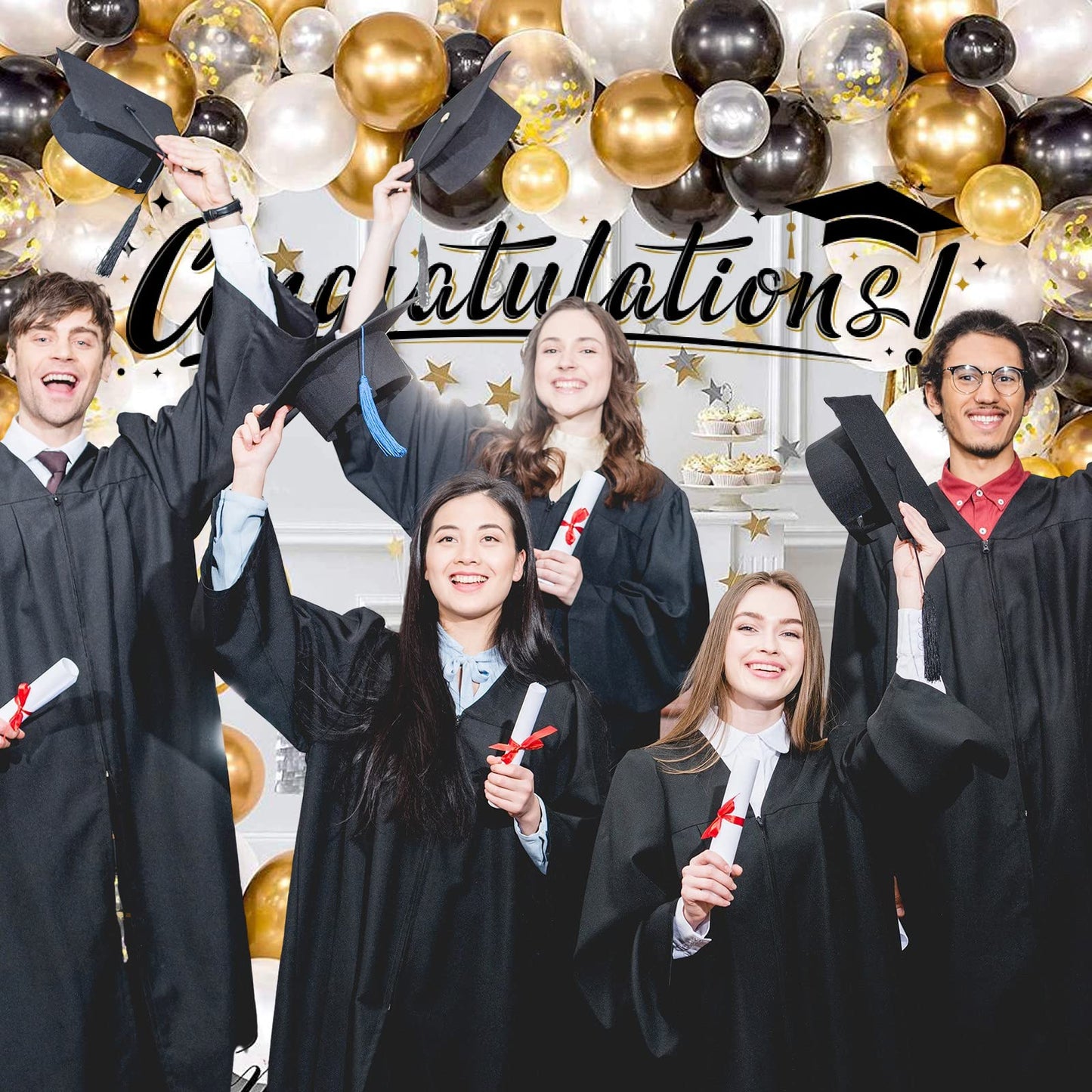 RUBFAC 65pcs 12 Inches Black Gold Confetti Balloons Kit, Metallic Gold and Black White Party Balloons with Ribbons for Birthday, Wedding, Baby Shower, Graduation, Happy New Year Decorations