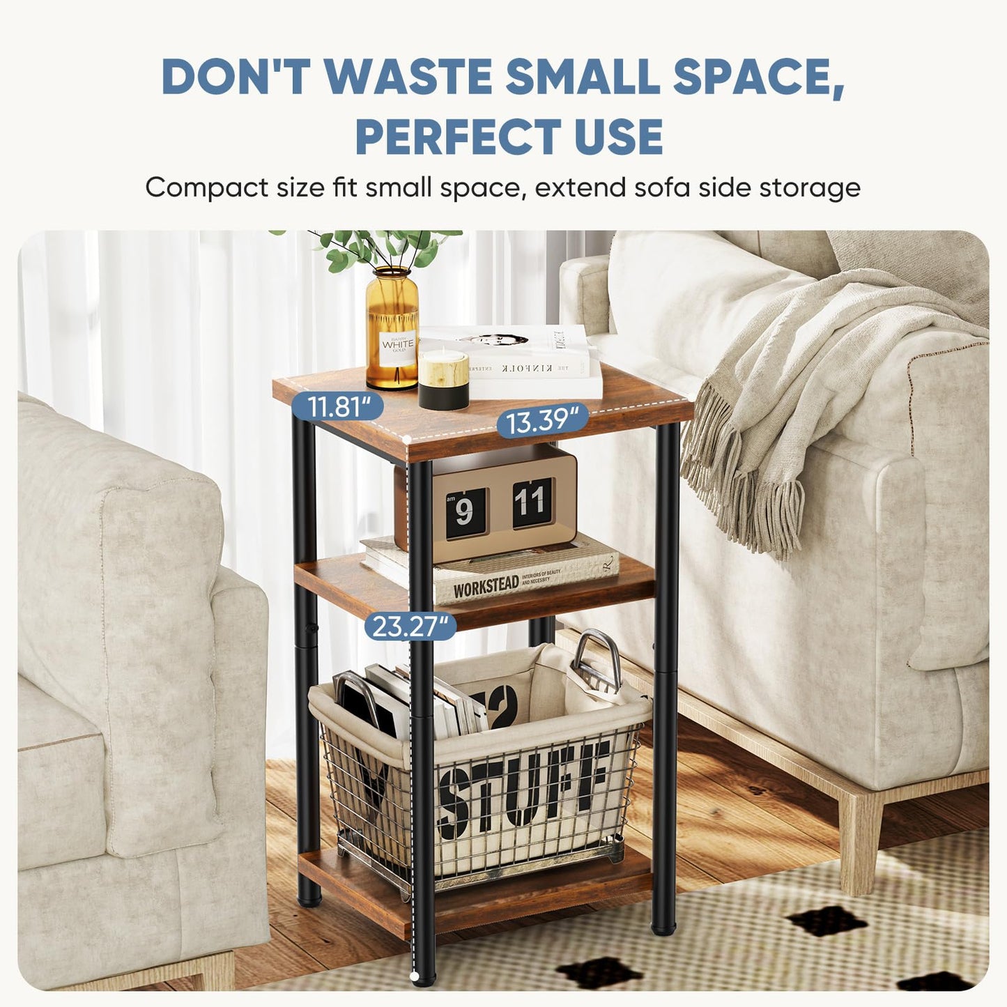 DUMOS End Table, 3 Tier Side Sofa Tables for Small Space, Storage Shelf, Nightstand with Adjustable Feet for Living Room, Bedroom, Office, Set of 1, Rustic Brown