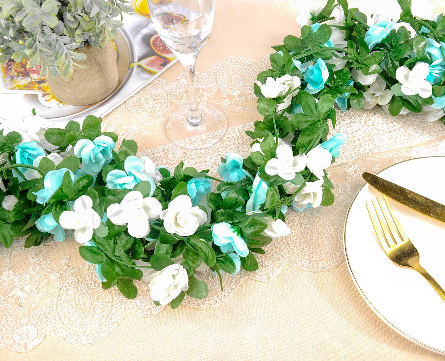 Miracliy 8Pcs 66FT Blue Flower Garland, Artificial Rose Floral Vines Fake Hanging Spring Flower Garland for Wall Backdrop Wedding Arch Tea Party Door Mantle Decoration