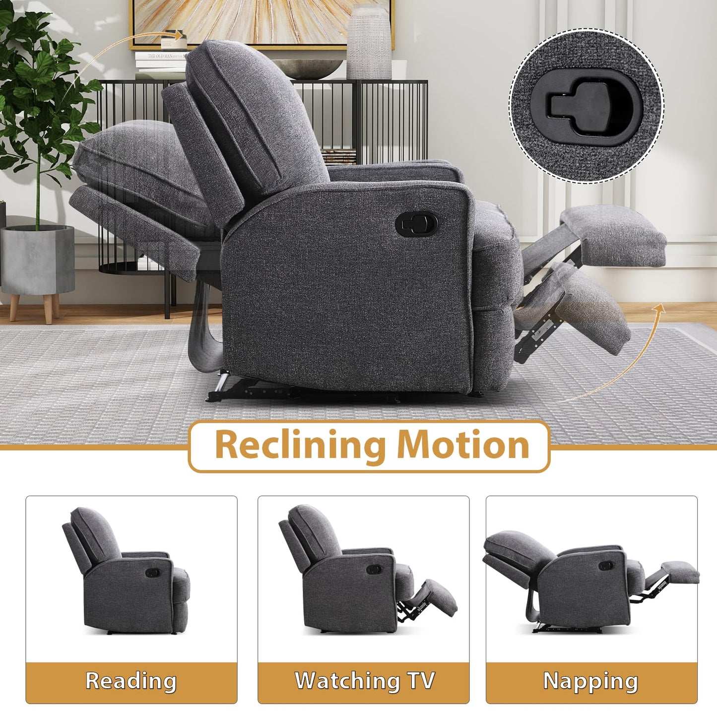 HAOMARKETS Classic Manual Recliner Chair for Adults, Soft Fabric Overstuffed Reclining Sofa Chair with Padded Backrest, Heavy Duty Recliners for Living Room, Grey
