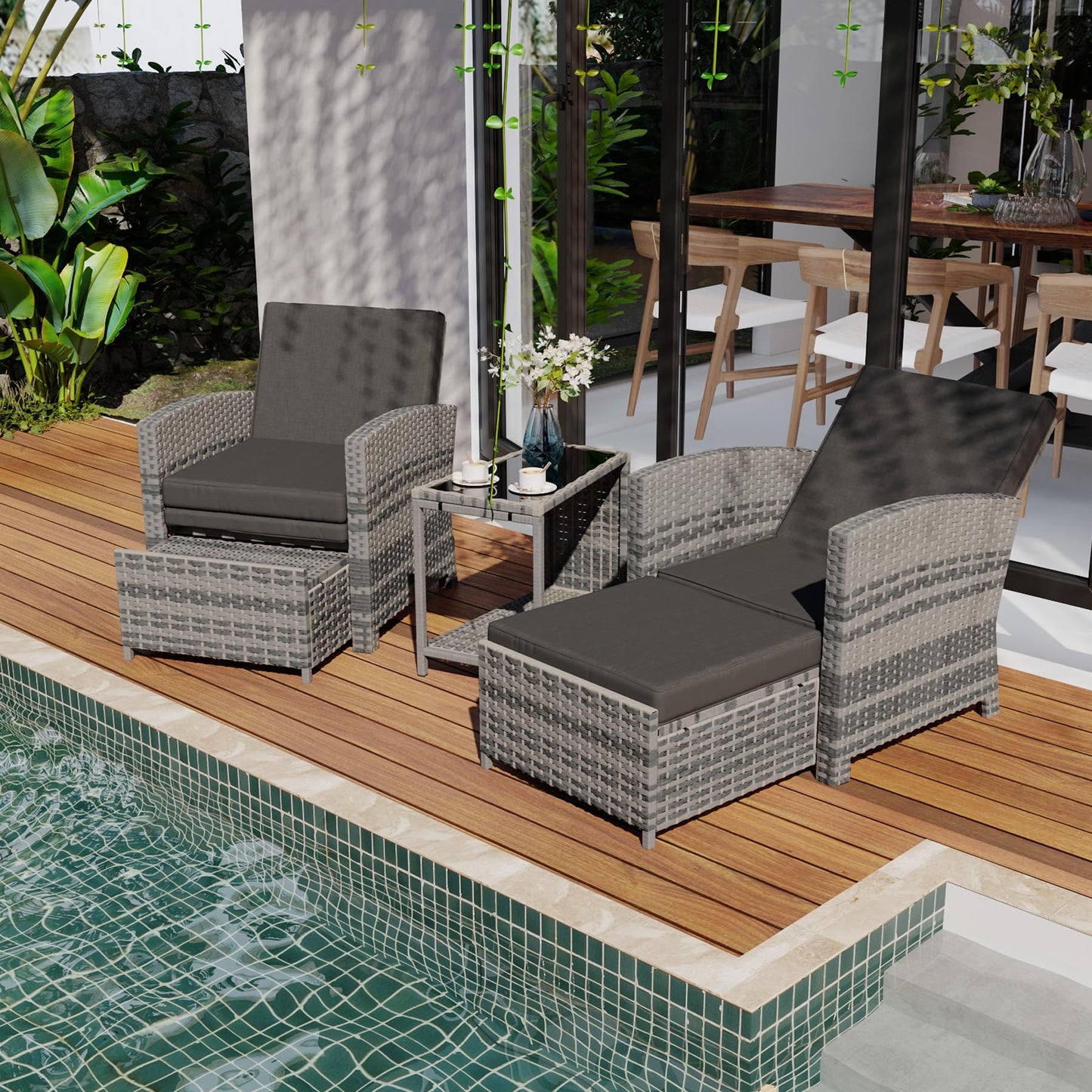 CIRMUBUY 5 Piece Outdoor Patio Furniture Set, Wicker Patio Conversation Set, Outdoor Lounge Chair with Ottomans and Coffee Table for Balcony Lawn Garden (Grey)