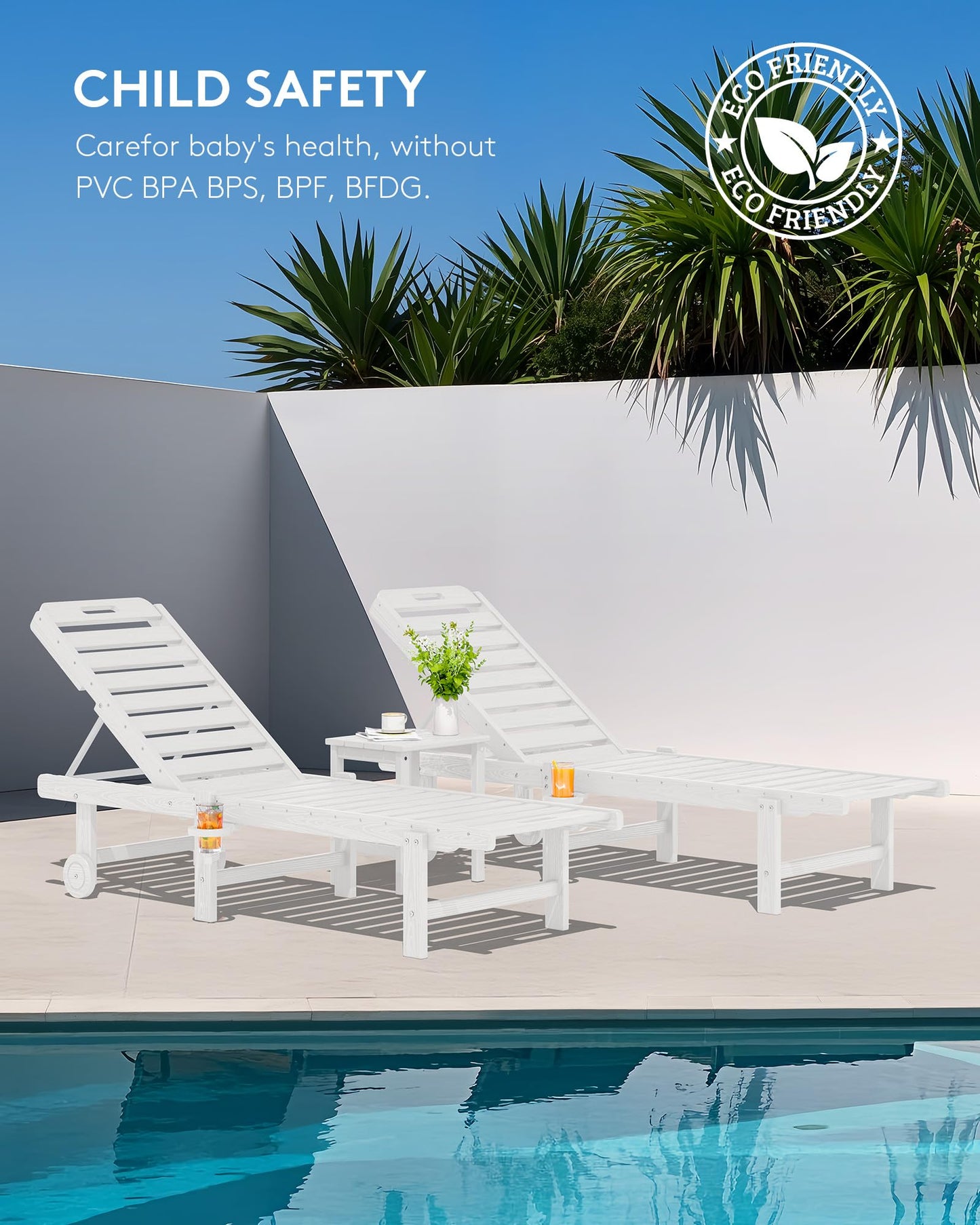 SERWALL Patio Chaise Lounge Set of 2, HDPE Outdoor Lounge Chair with Cup Holder, 5 Positions Adjustable Pool Lounge Chair with Rolling Wheels for Poolside, Deck, Sunbathing, White