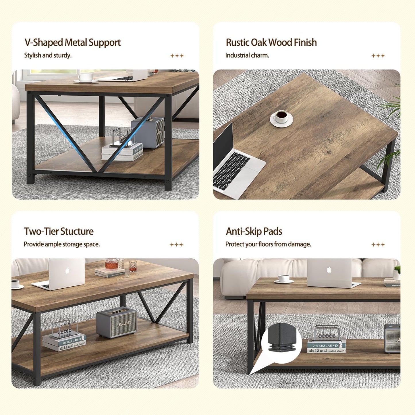 FOLUBAN Modern Coffee Table, Living Room Center Table with Storage, Wood and Metal Cocktail Table, Rustic Oak, 47 Inch