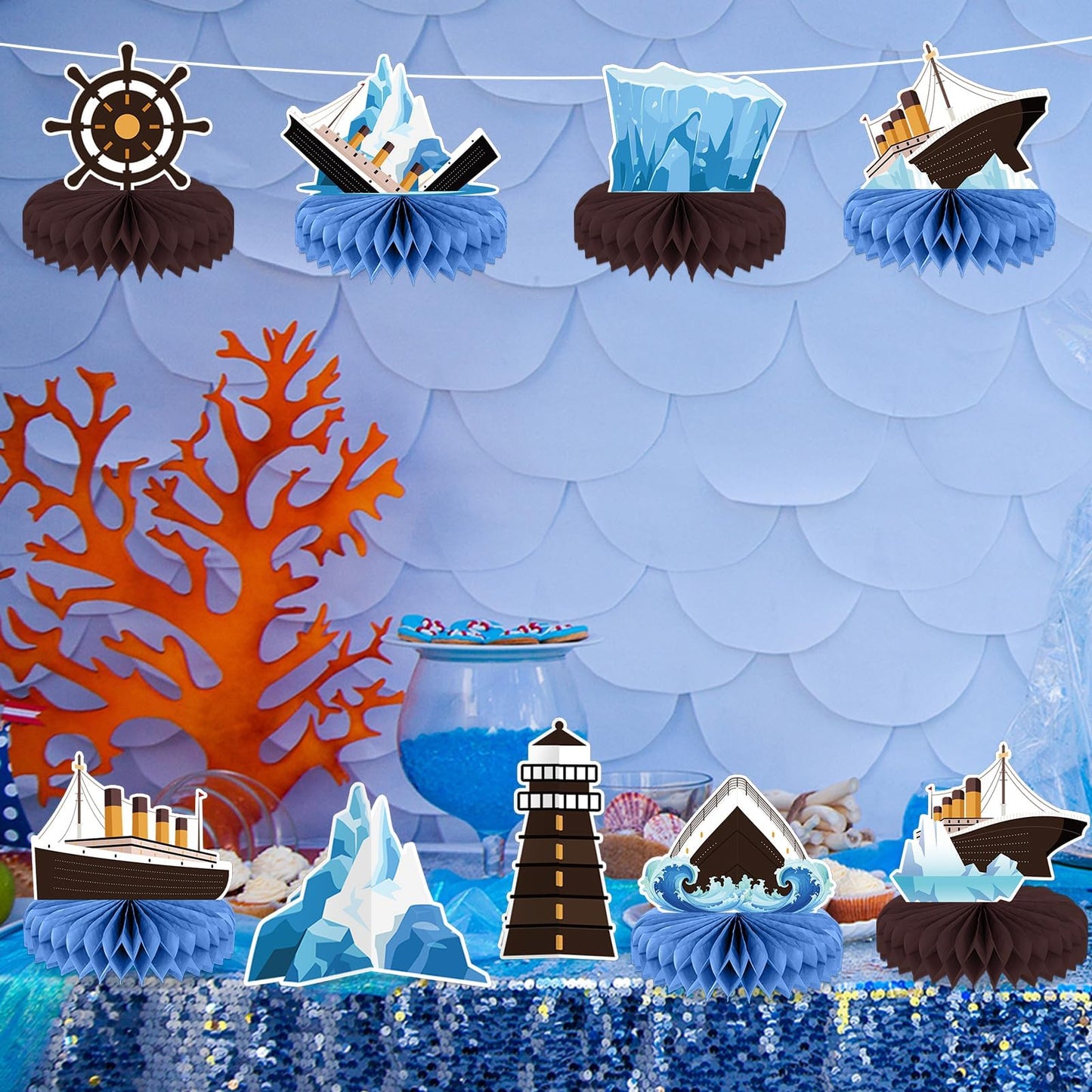 12Pcs Nautical Party Supplies Cruise Ship Birthday Honeycomb Centerpieces for Ocean Party Decorations Ship Theme Table Honeycomb for Ocean Cruise Liner Nautical Theme Birthday Baby Shower Party Favors