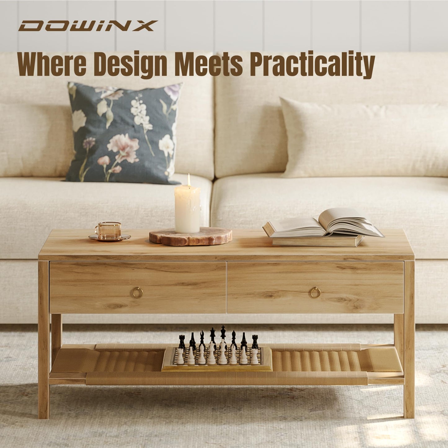 Dowinx Boho Coffee Table with Storage, 42" Wood Coffee Table for Living Room, 2 Storage Drawers and Open Rattan Shelf, Rectangular Living Room Coffee Tables Oak