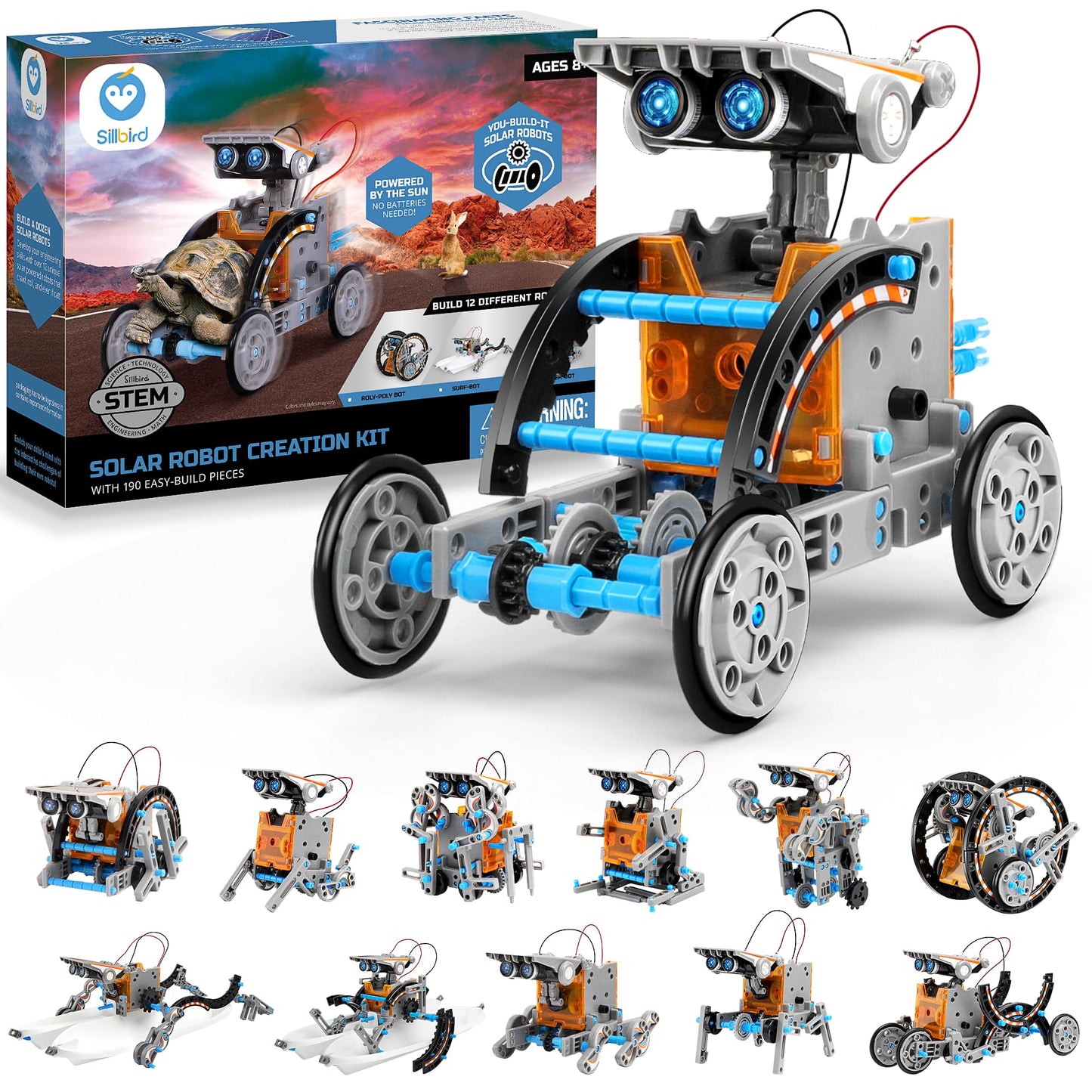 Sillbird Solar Building Robot Kit STEM Gift for Boys Aged 8-13, DIY Science Educational Toys for Kids Teens Birthday, 12-in-1 Solar or Battery Powered Robotic Set with 197 Pieces