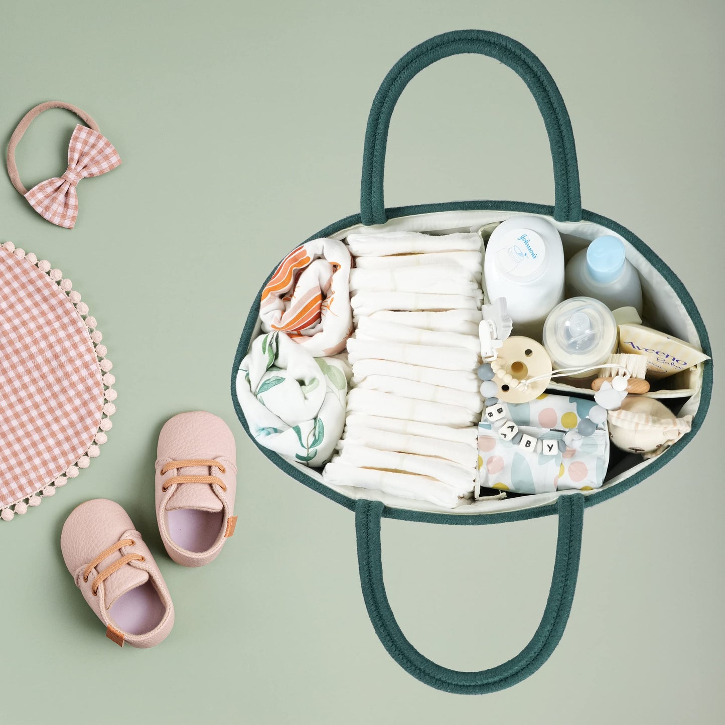 XUANGUO Large Baby Diaper Caddy Organizer for Girl Boy Rope Nursery Storage Bin Basket Portable Holder Tote Bag for Changing Table Car Travel Baby Shower Gifts basket dark green