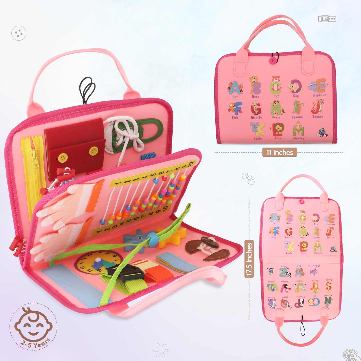 JAGSYJOY Montessori Busy Board Book, Toddlers, Sensory Activities and Preschool Learning - Toy for Home, Airplane and Car Travel (Pink)