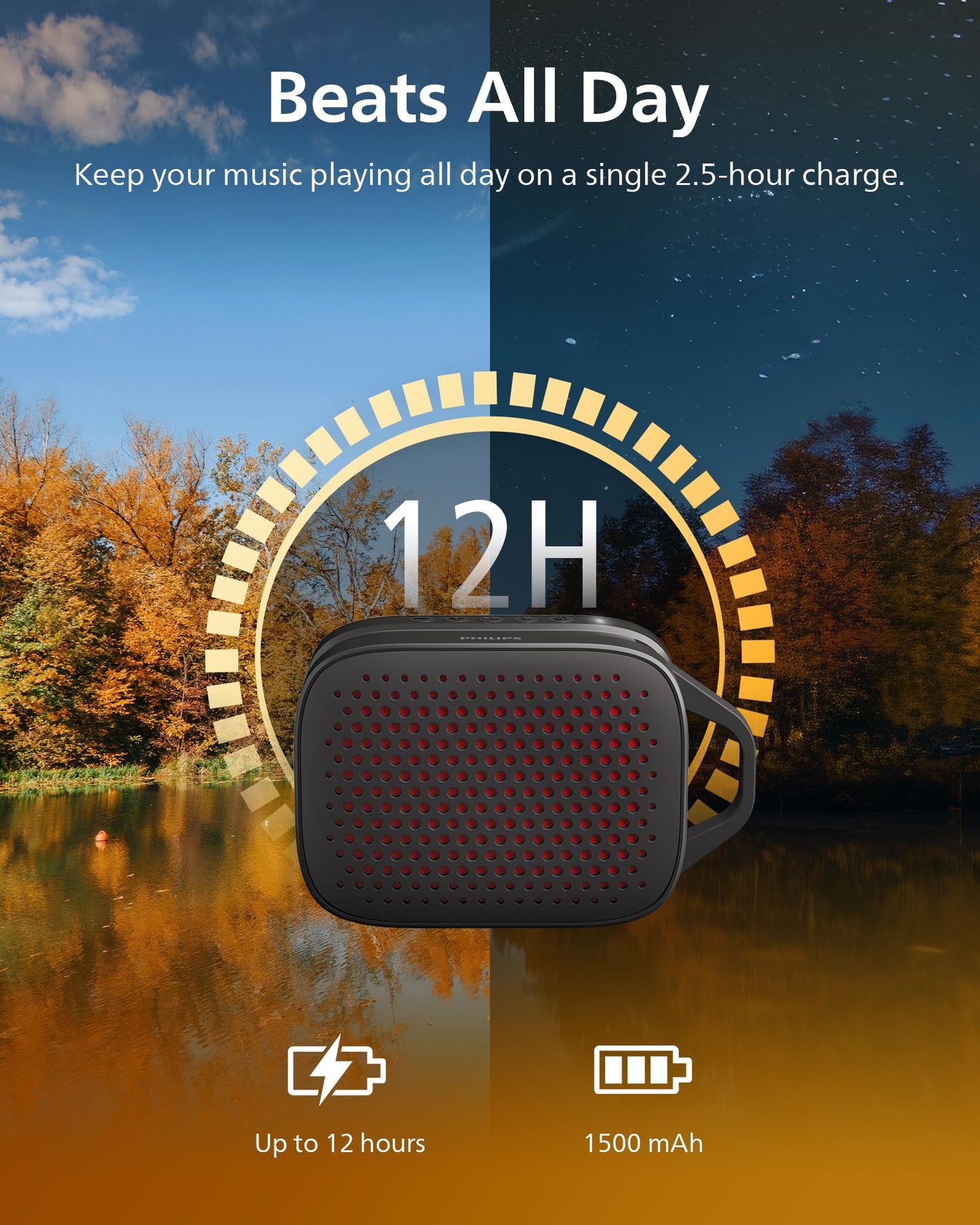 PHILIPS S1209 Portable Bluetooth Speaker,Wireless Speakers with Extra Bass,Quality Sound,12 H Battery,TWS Pairing,Support Stereo Sound,Bluetooth 5.3,IPX4 Waterproof,for Indoor & Outdoor,Small,Black