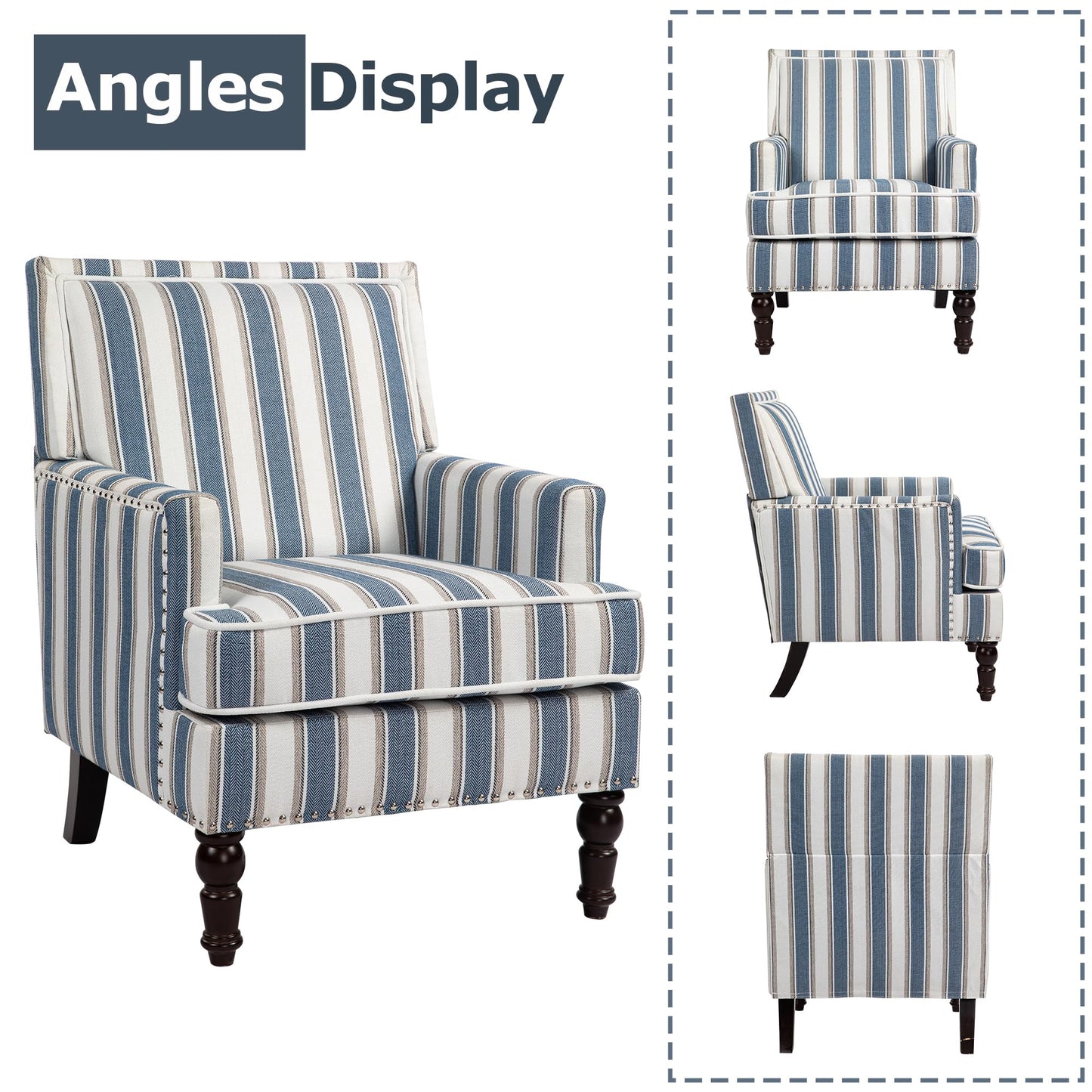 WakeZero Accent Chair, Modern Comfy Mid-Century Accent Chairs Upholstered Lounge Armchair with Solid Wood Frame for Living Room/Bedroom-Blue Stripe