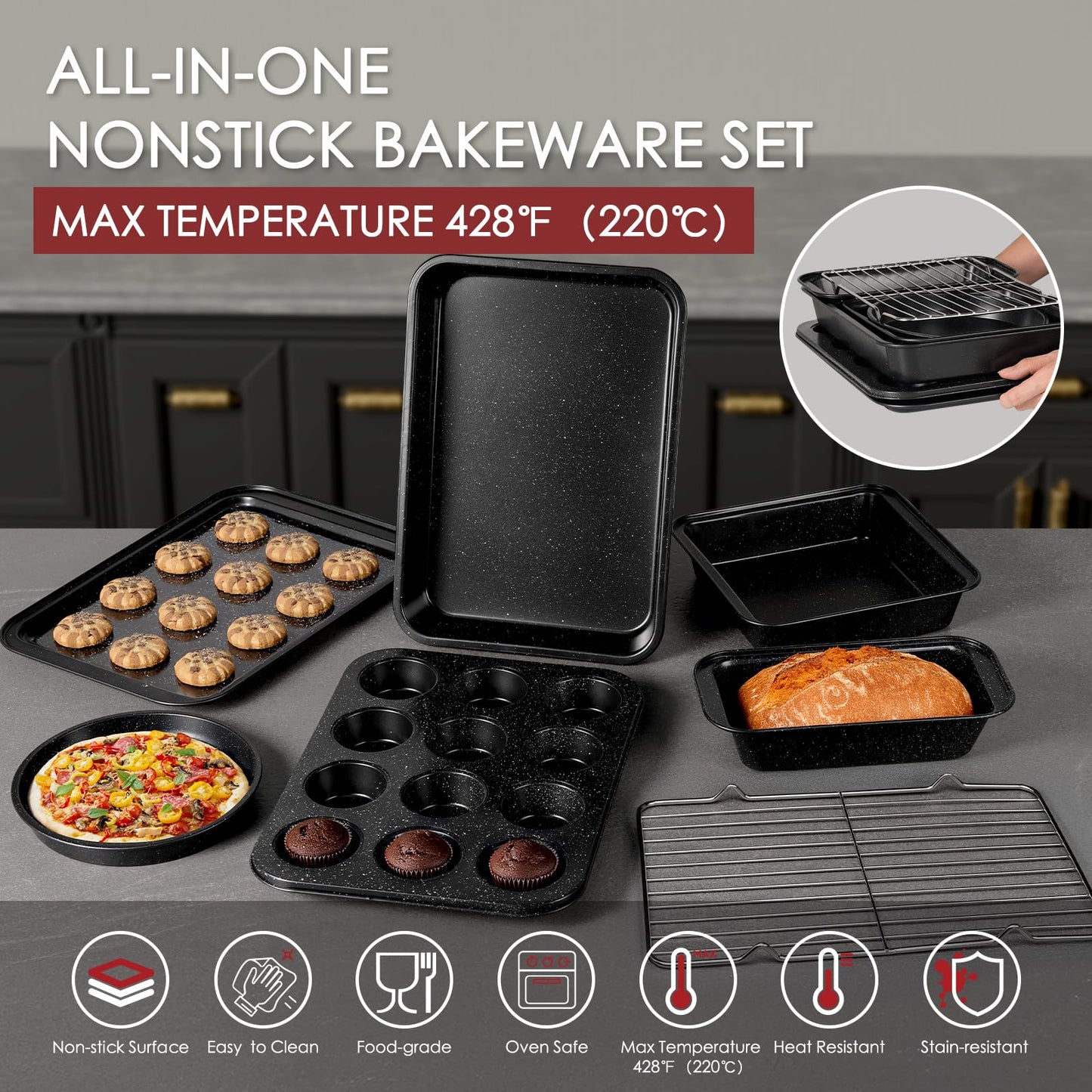 Kikcoin Pots and Pans Set Non Stick 31 Piece Kitchen Nonstick Cooking Cookware Sets with Grill Pan Saucepan Baking Sheet Utensil