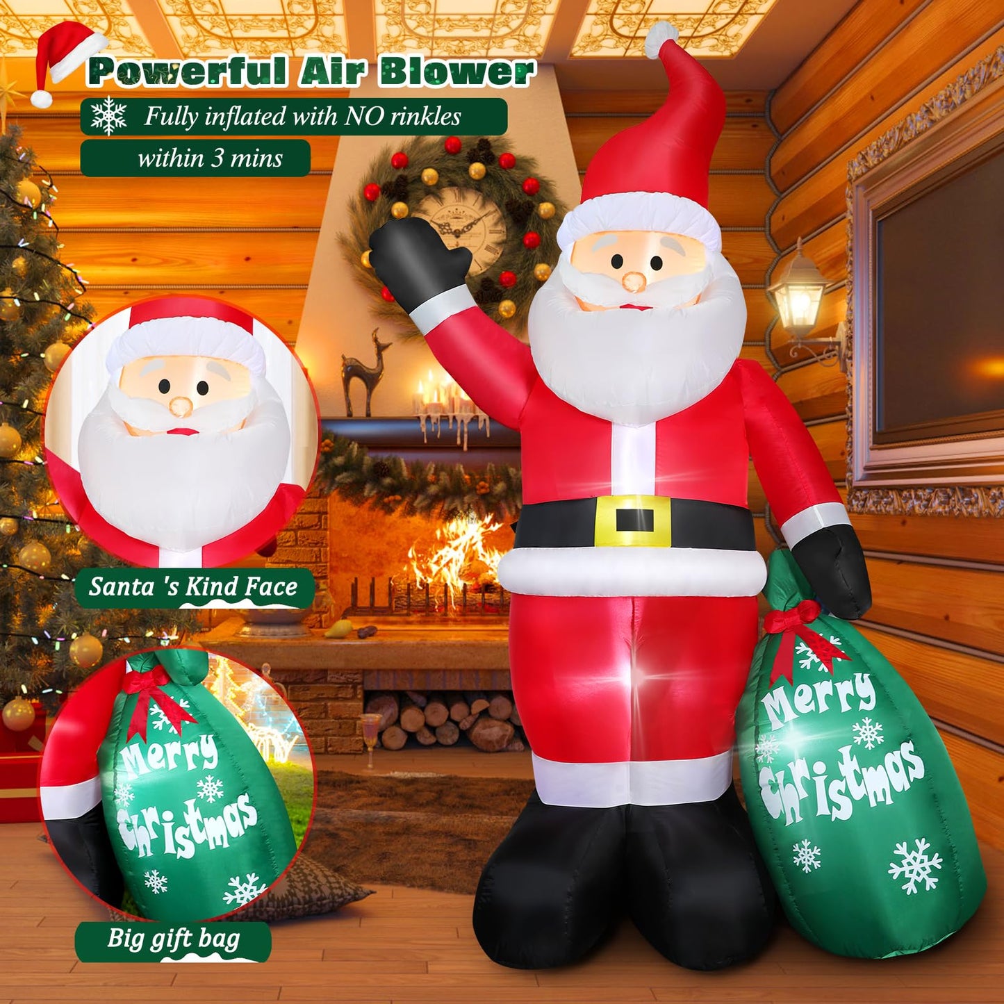 Thanger 7 FT Christmas Inflatable Santa Claus with Green Gift Bag, Blow up Santa Claus Indoor Outdoor Decoration, Built-in LED Lights for Yard Patio Garden Lawn Xmas Vacation Holiday Party Home Decor