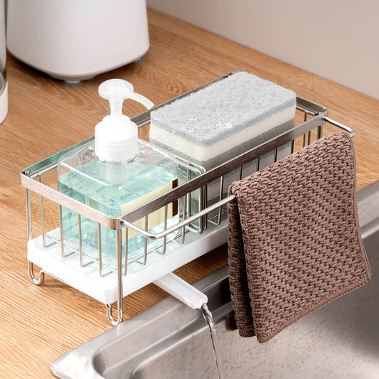 Sponge Holder for Kitchen Sink, Stainless Steel Kitchen Sink Caddy Organizer with Automatic Drainboard Soap Dish Drainer and Sponge Holder Black