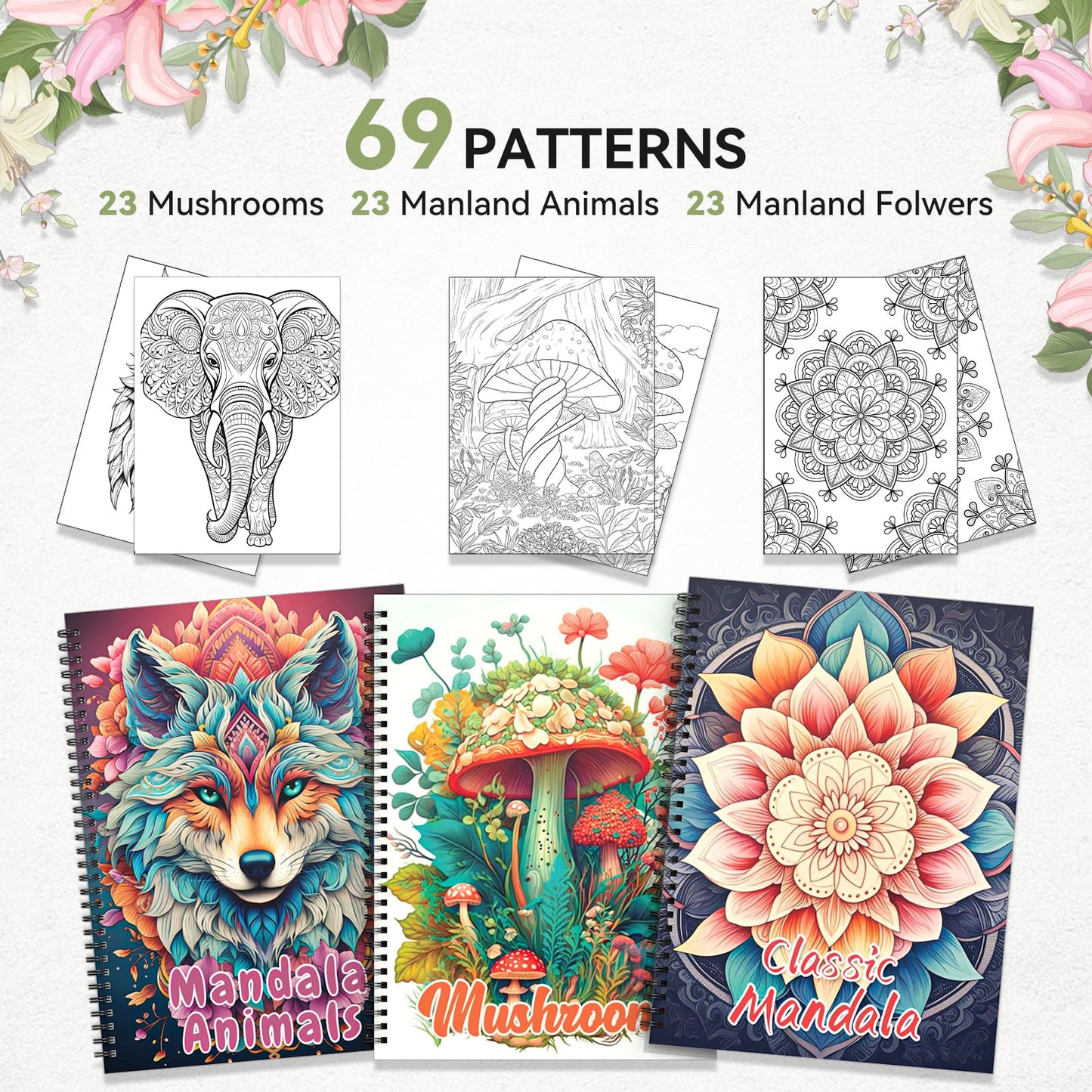 69 Calming Patterns Adult Coloring Books for Women Relaxation 3 Pack Large Print Mandala Animal Mushroom Spiral Bound Stress Relief Color Book for Adults and Teens to Relax and Relieve Anxiety