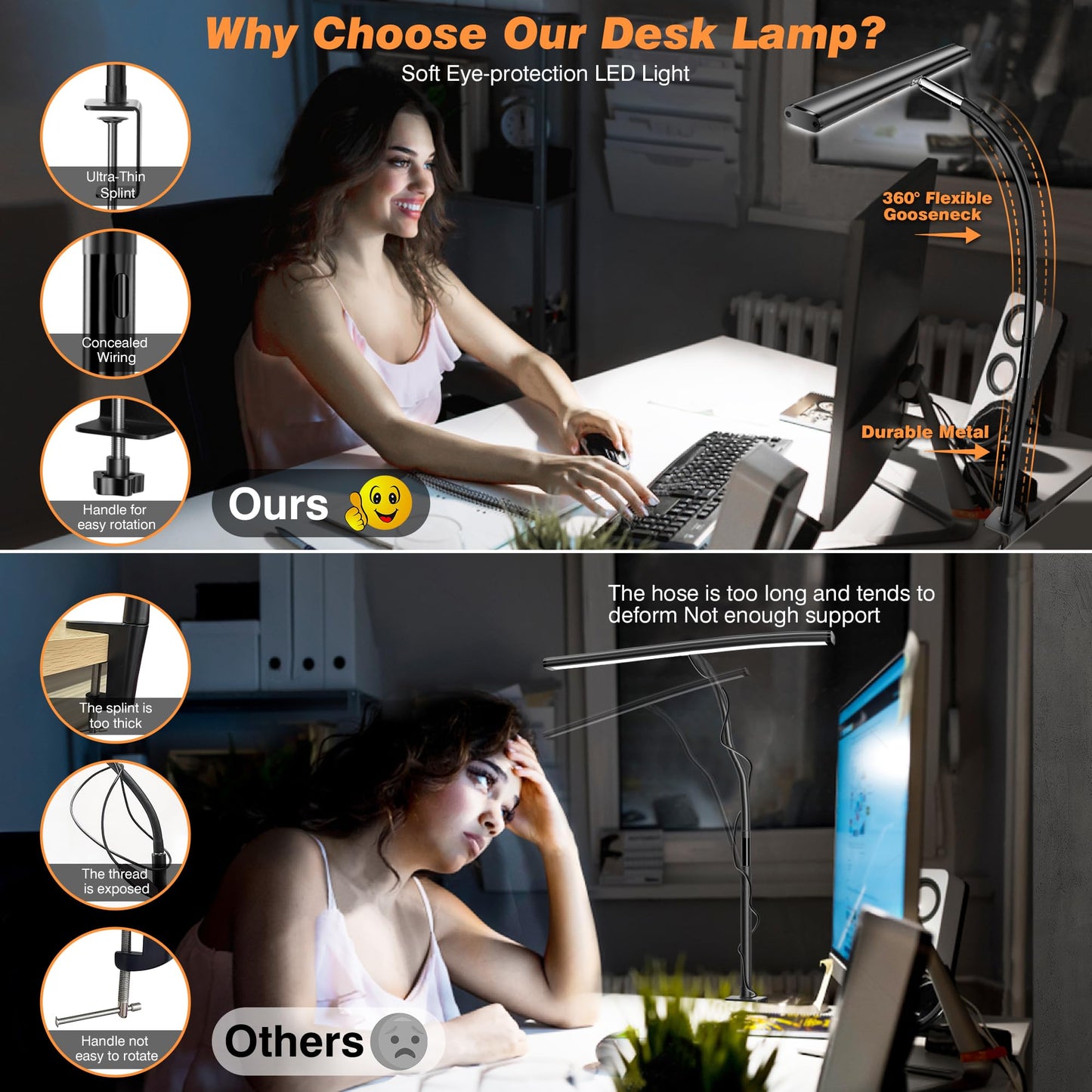 Airlonv LED Desk Lamp for Office Home, Eye-Caring Desk Light with Stepless Dimming Adjustable Flexible Gooseneck, 10W USB Adapter Desk Lamp with Clamp for Reading, Study, Workbench (Black)