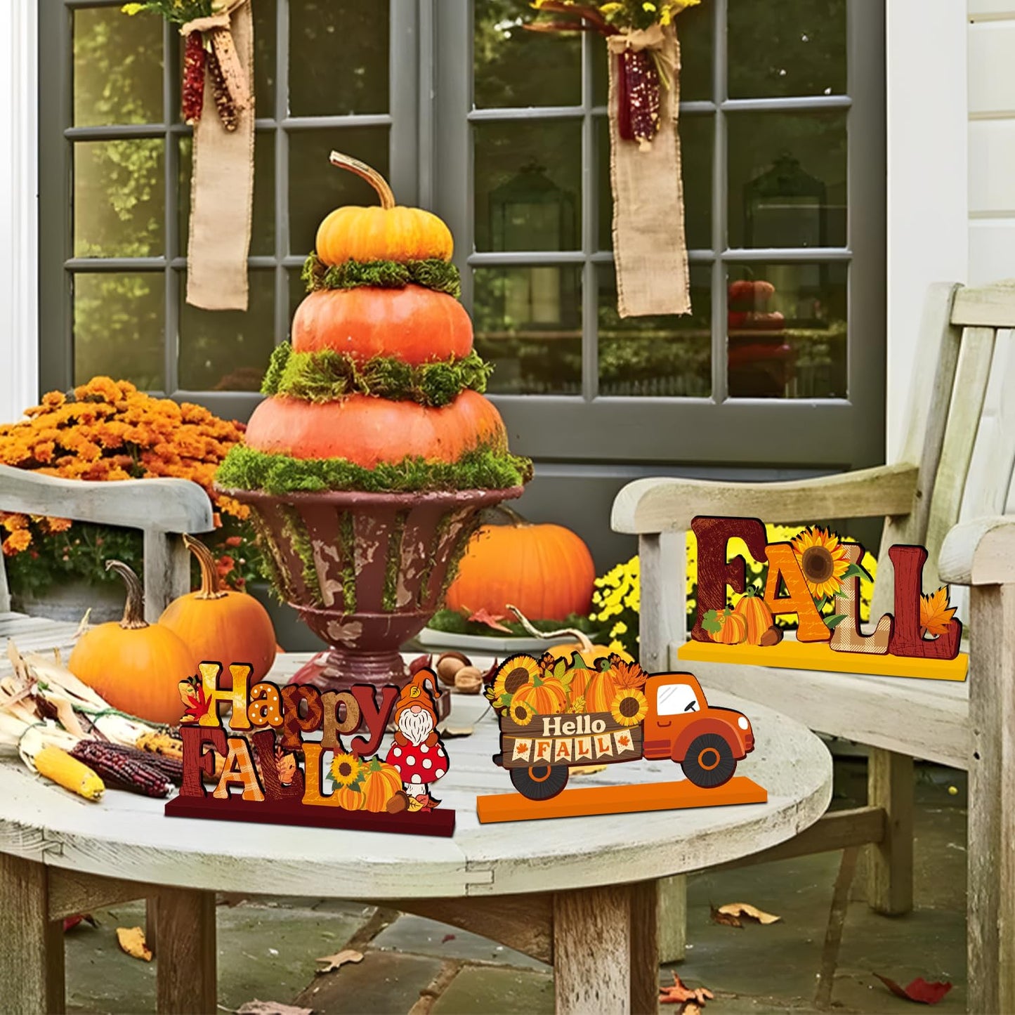 CHYAGCLT 4Pcs Fall Decorations, Autumn Wooden Table Centerpieces Pumpkin Truck Sunflower Maple Gnomes Style Fall Table Decor for Autumn Harvest Thanksgiving Decorations