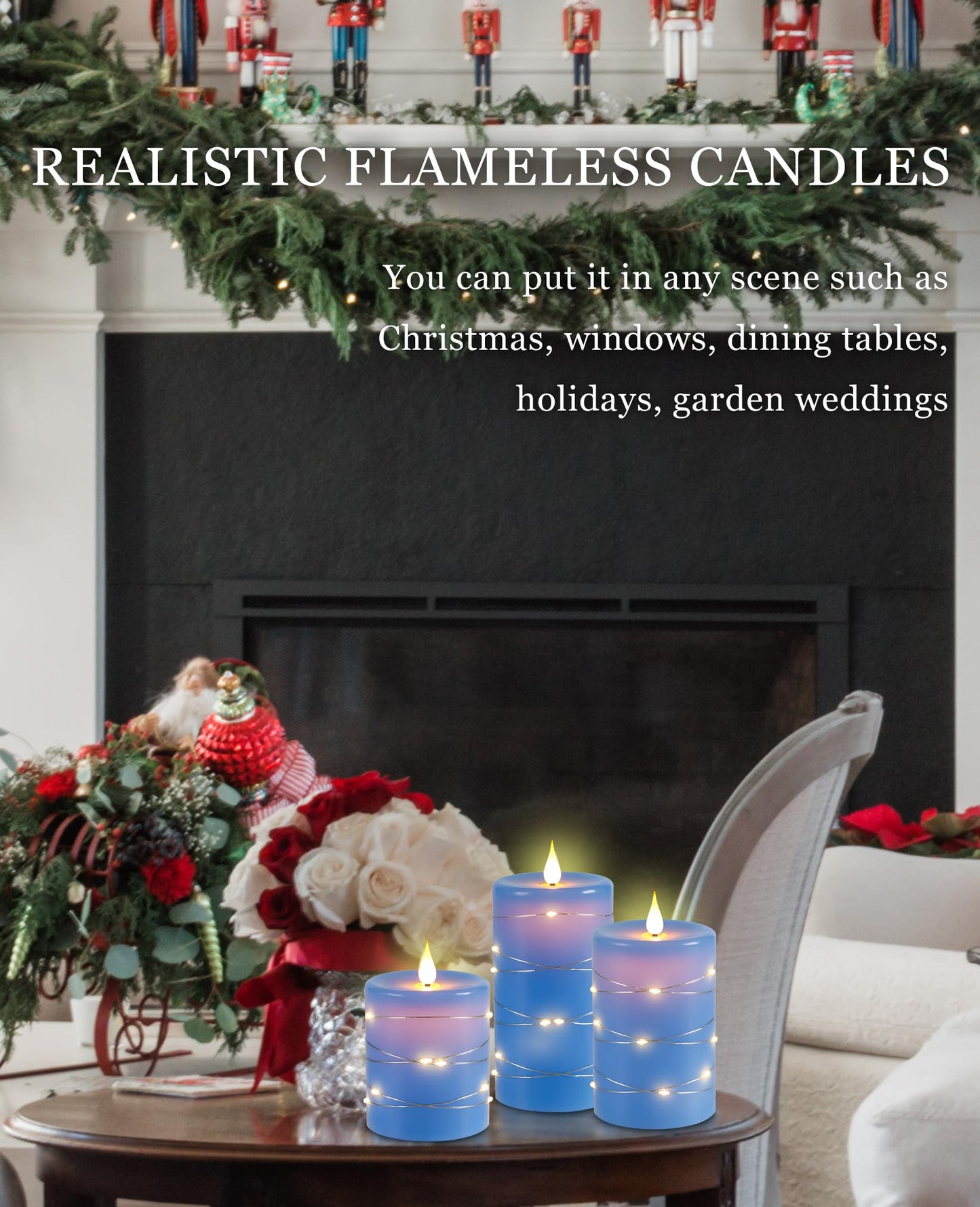 Da by Flameless Candles with String Lights，Battery Operated Candles,LED Flickering Candles with Remote Control and Timer, Real Wax, 3 Pack-Blue