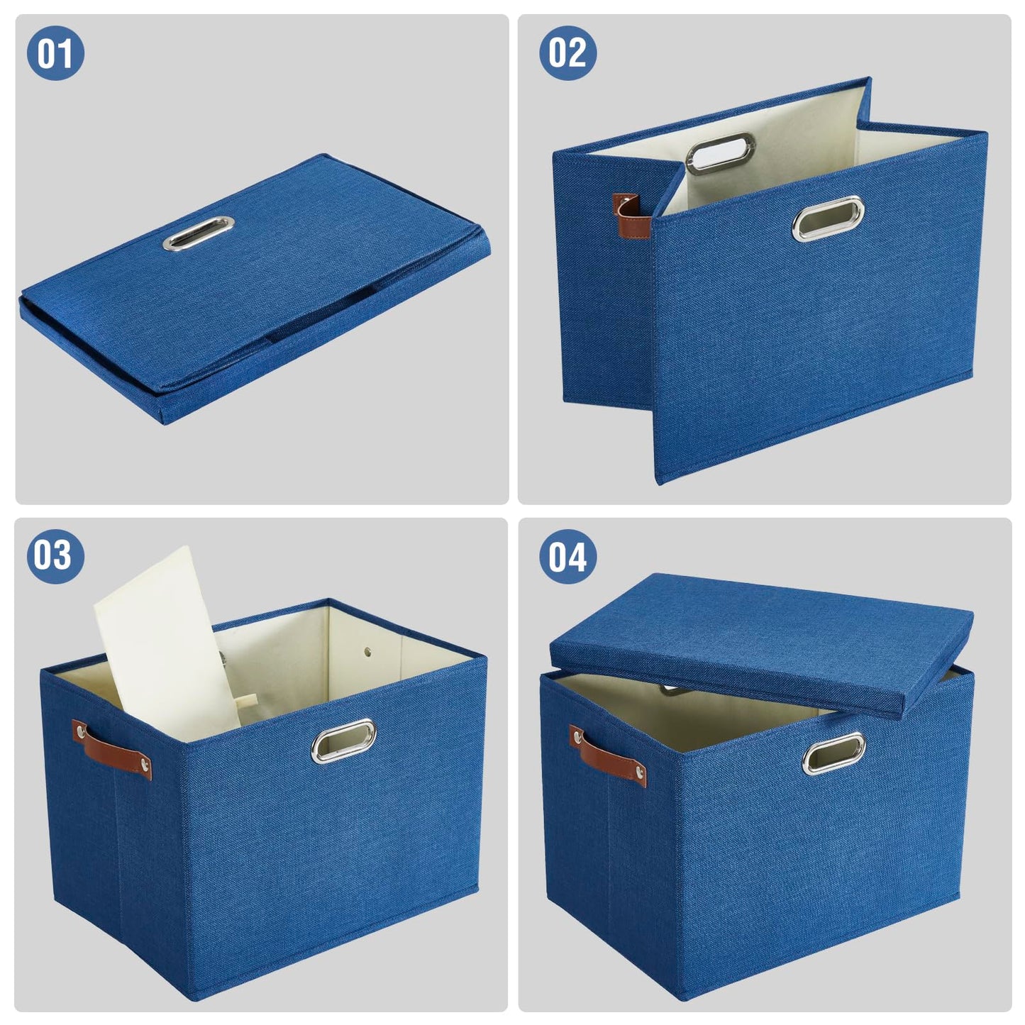 Roobyl 17" Large Collapsible Storage Bins with Lids, Stackable Closet Organizers with PU Handle and Labels, 3-Pack Decorative Fabric Storage Boxes for Home, Bedroom, Closet, Office, Nursery(Navy)