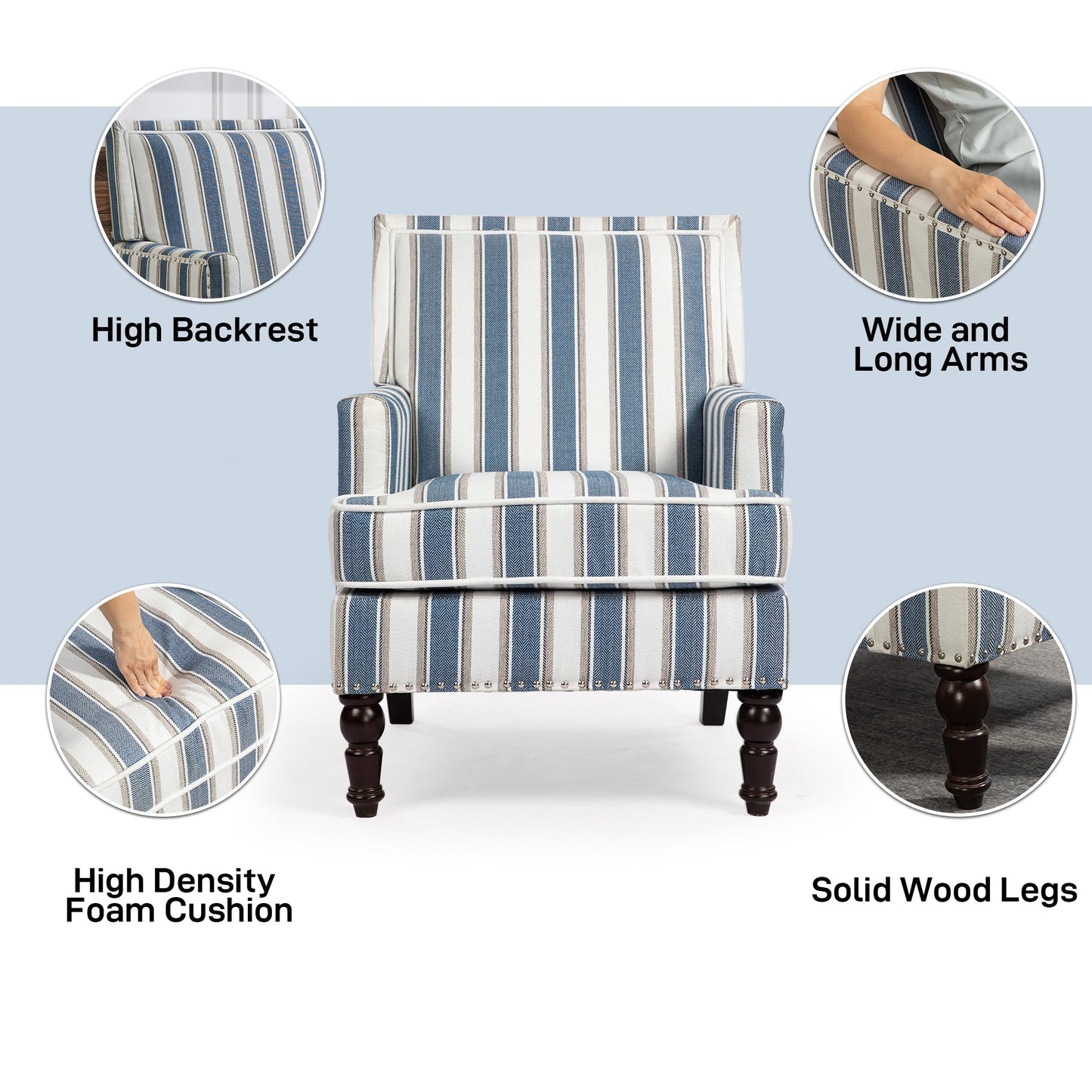WakeZero Accent Chair, Modern Comfy Mid-Century Accent Chairs Upholstered Lounge Armchair with Solid Wood Frame for Living Room/Bedroom-Blue Stripe