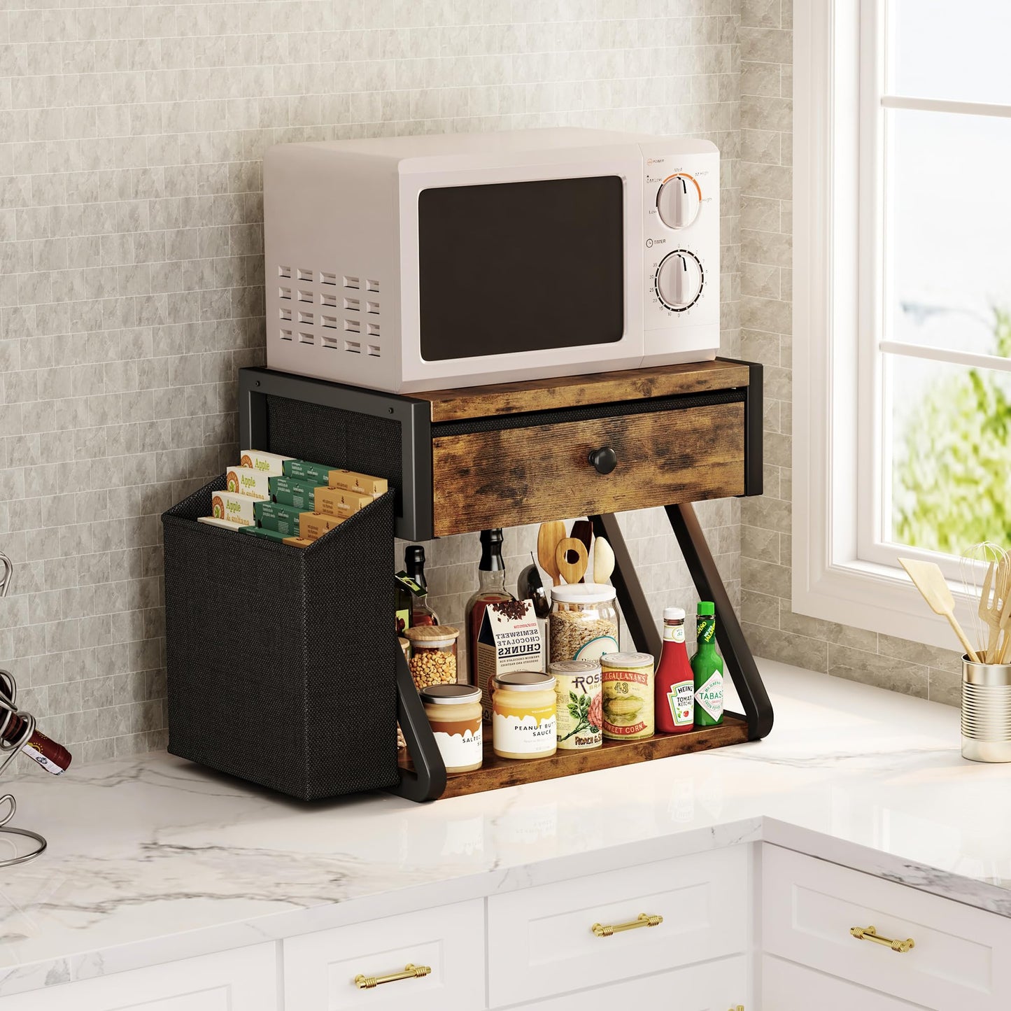 Homeiju Under Desk Printer Stand, 2-Tier Industrial Mobile Printer Table with Storage Bag and Drawer, Rolling Printer Cart Holder with Lockable Wheels for Home, Office